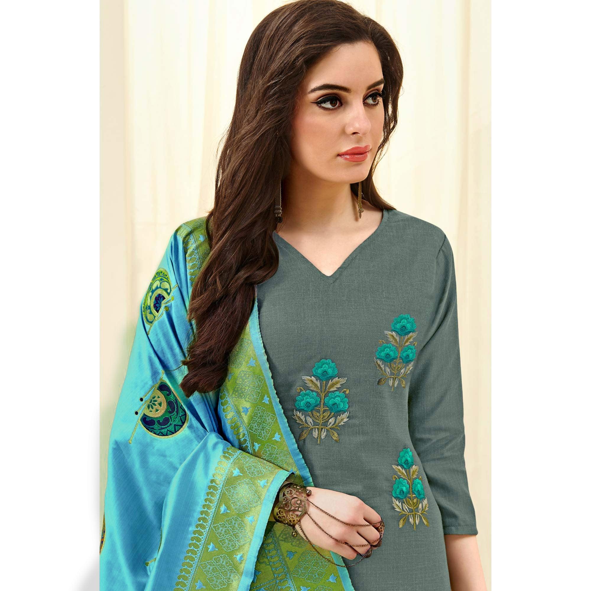 Exotic Olive Green Colored Casual Wear Embroidered Cotton Dress Material With Banarasi Silk Dupatta - Peachmode