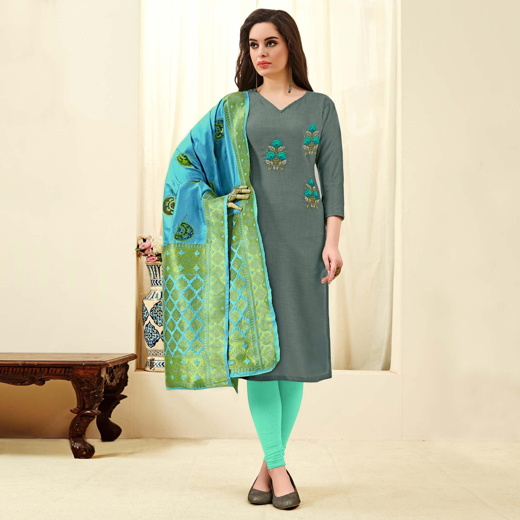 Exotic Olive Green Colored Casual Wear Embroidered Cotton Dress Material With Banarasi Silk Dupatta - Peachmode