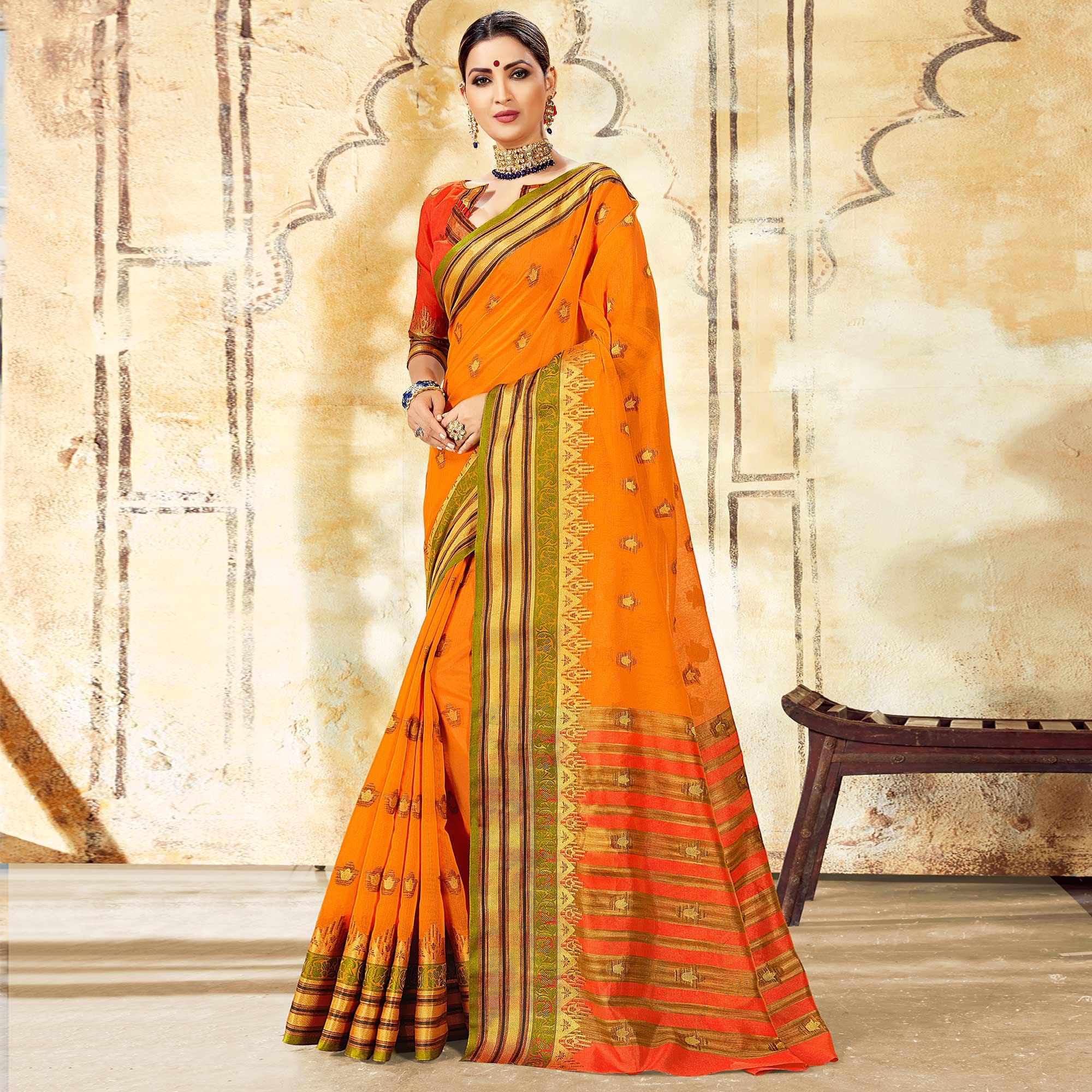 Exotic Orange Colored Festive Wear Woven Cotton Saree - Peachmode