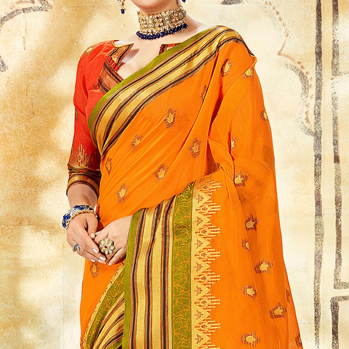 Exotic Orange Colored Festive Wear Woven Cotton Saree - Peachmode