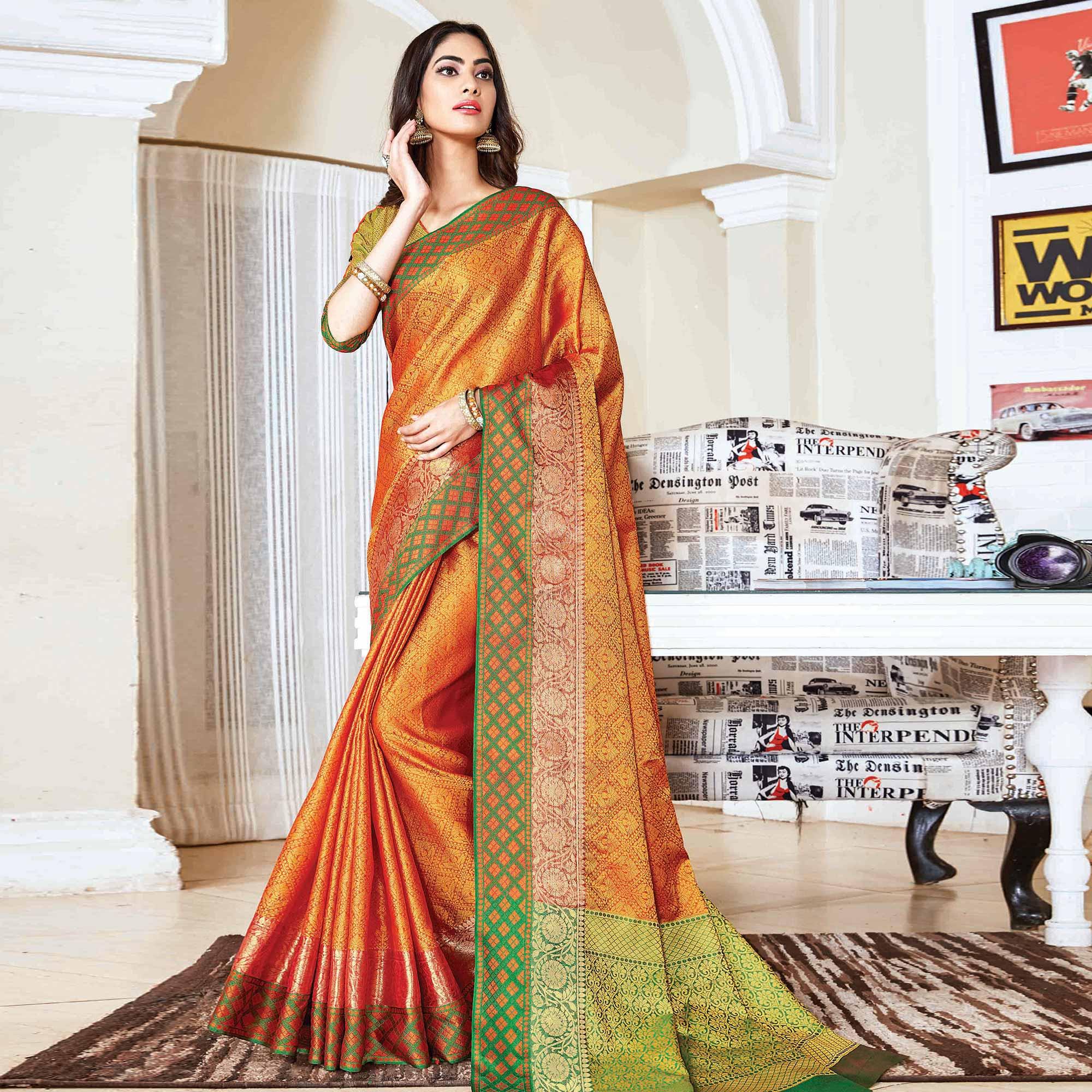 Exotic Orange Colored Festive Wear Woven Handloom Silk Saree - Peachmode