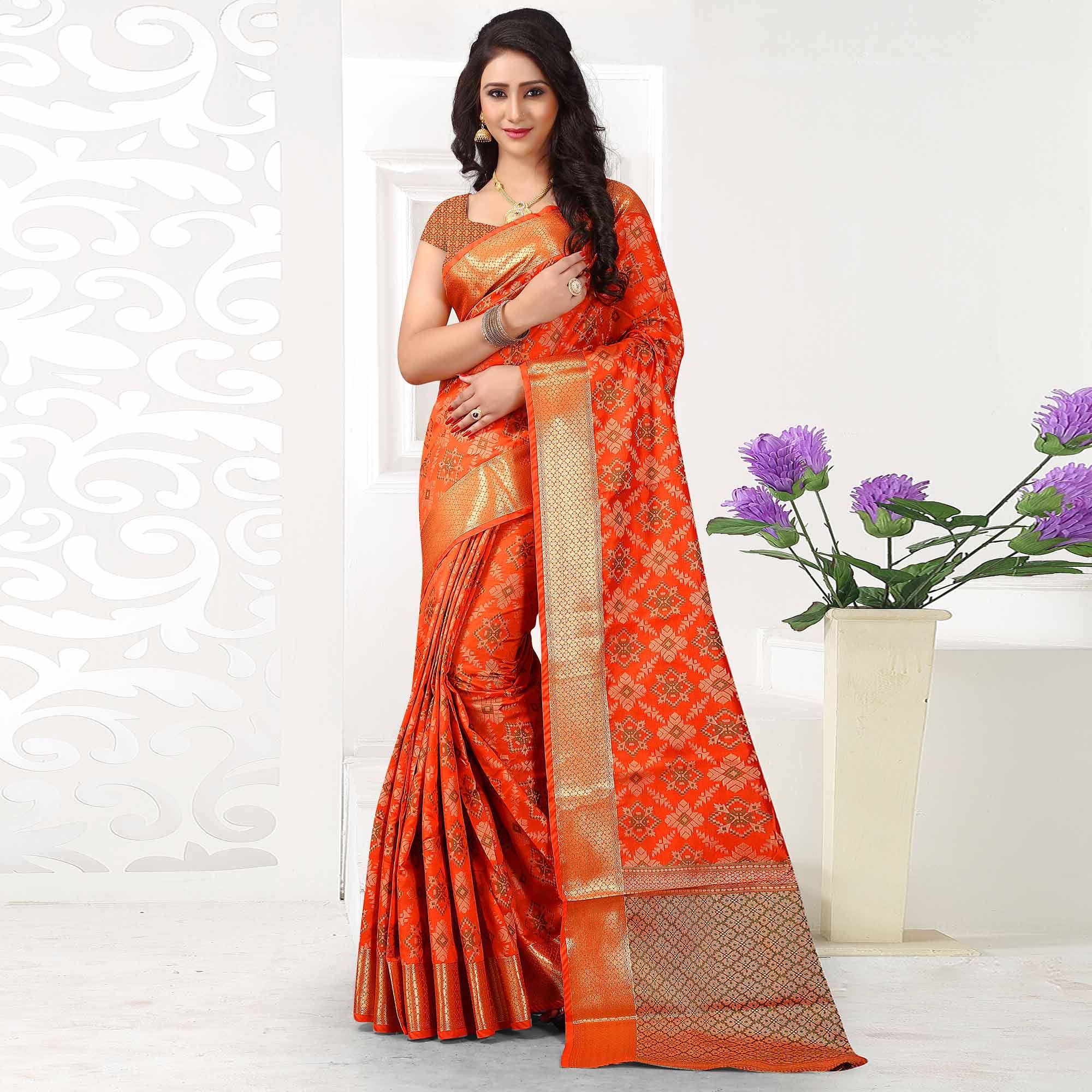 Exotic Orange Colored Festive Wear Woven Silk Saree - Peachmode