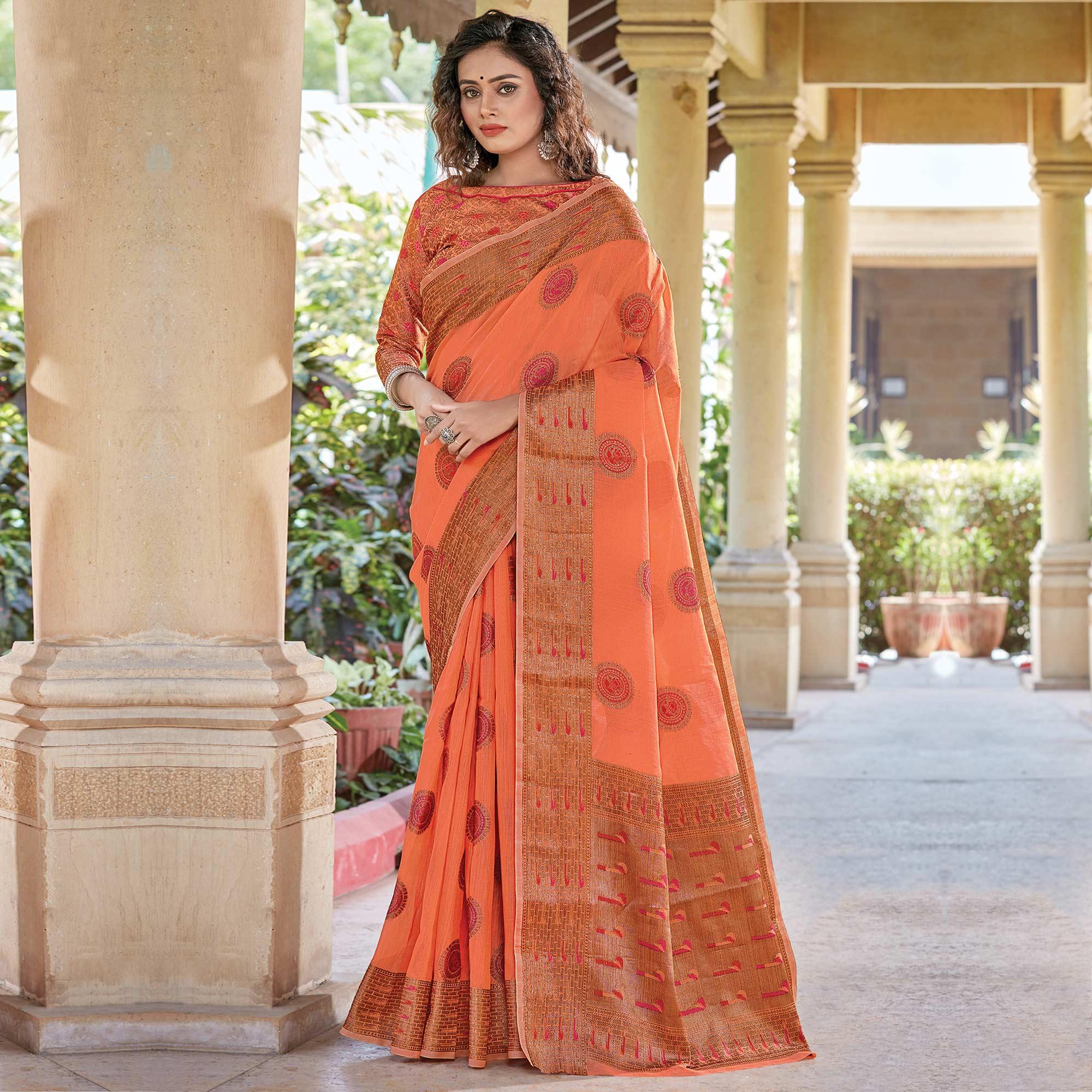 Exotic Orange Coloured Festive Wear Woven Cotton Handloom Saree - Peachmode