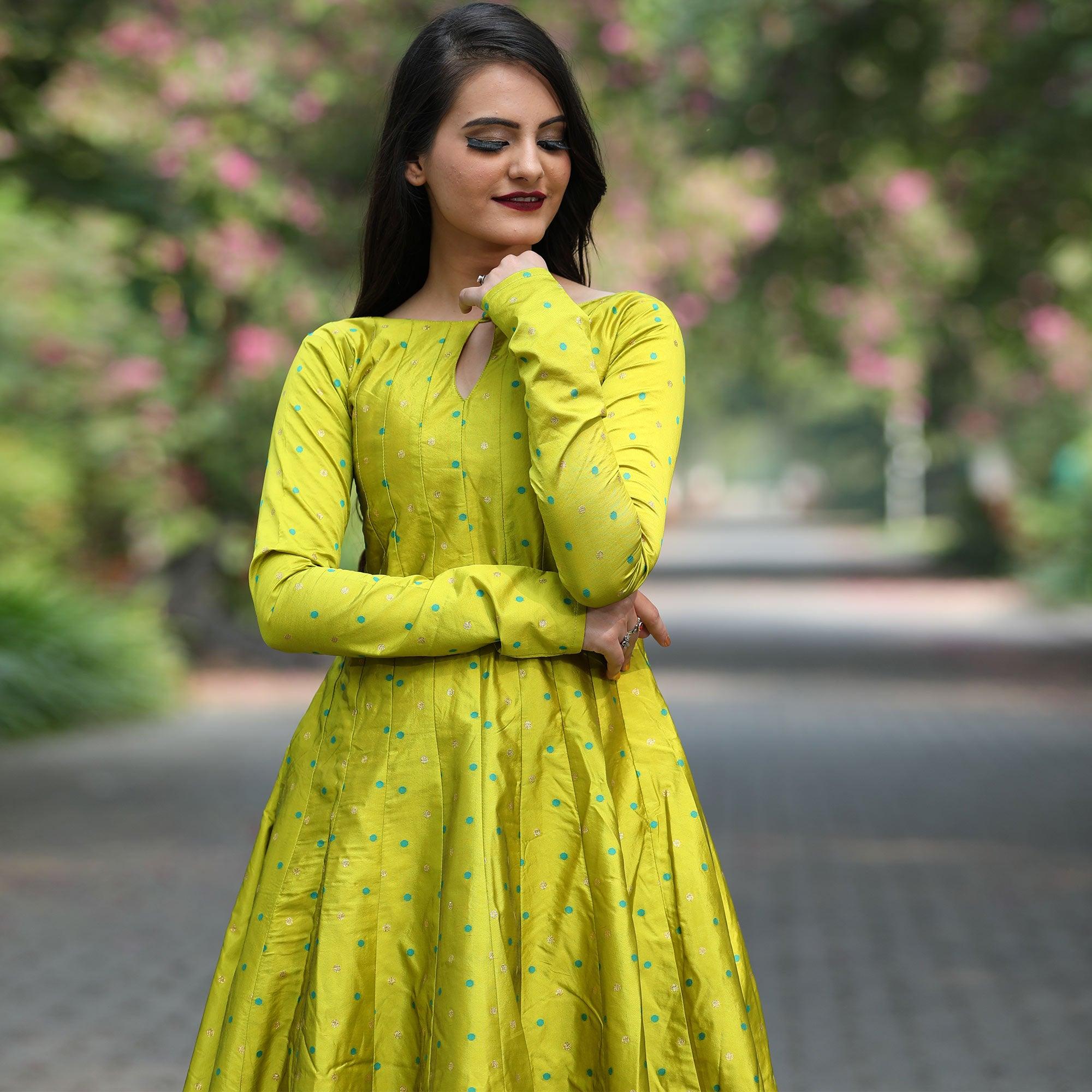Exotic Parrot Green Colored Partywear Tapetta Gown - Peachmode