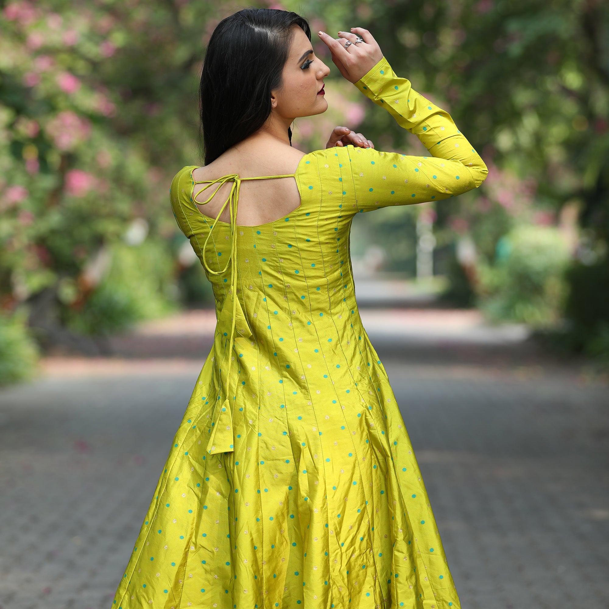 Exotic Parrot Green Colored Partywear Tapetta Gown - Peachmode