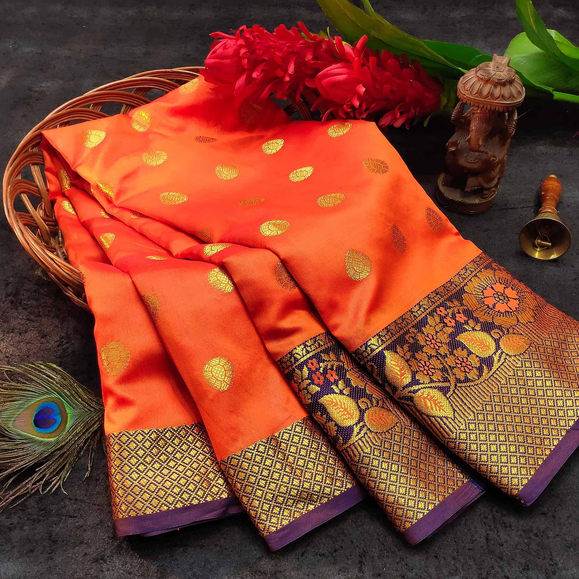 Exotic Peach Colored Festive Wear Woven Kanjivaram Silk Saree - Peachmode