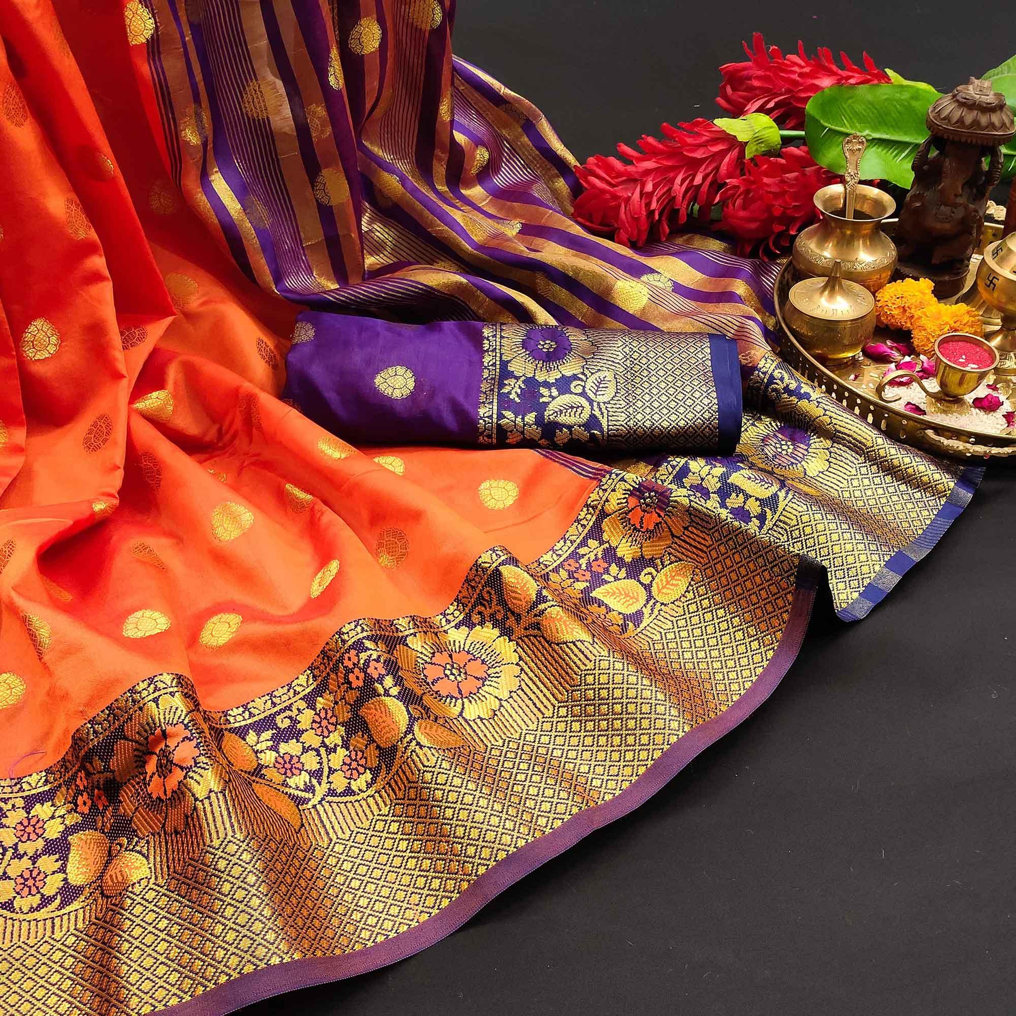 Exotic Peach Colored Festive Wear Woven Kanjivaram Silk Saree - Peachmode