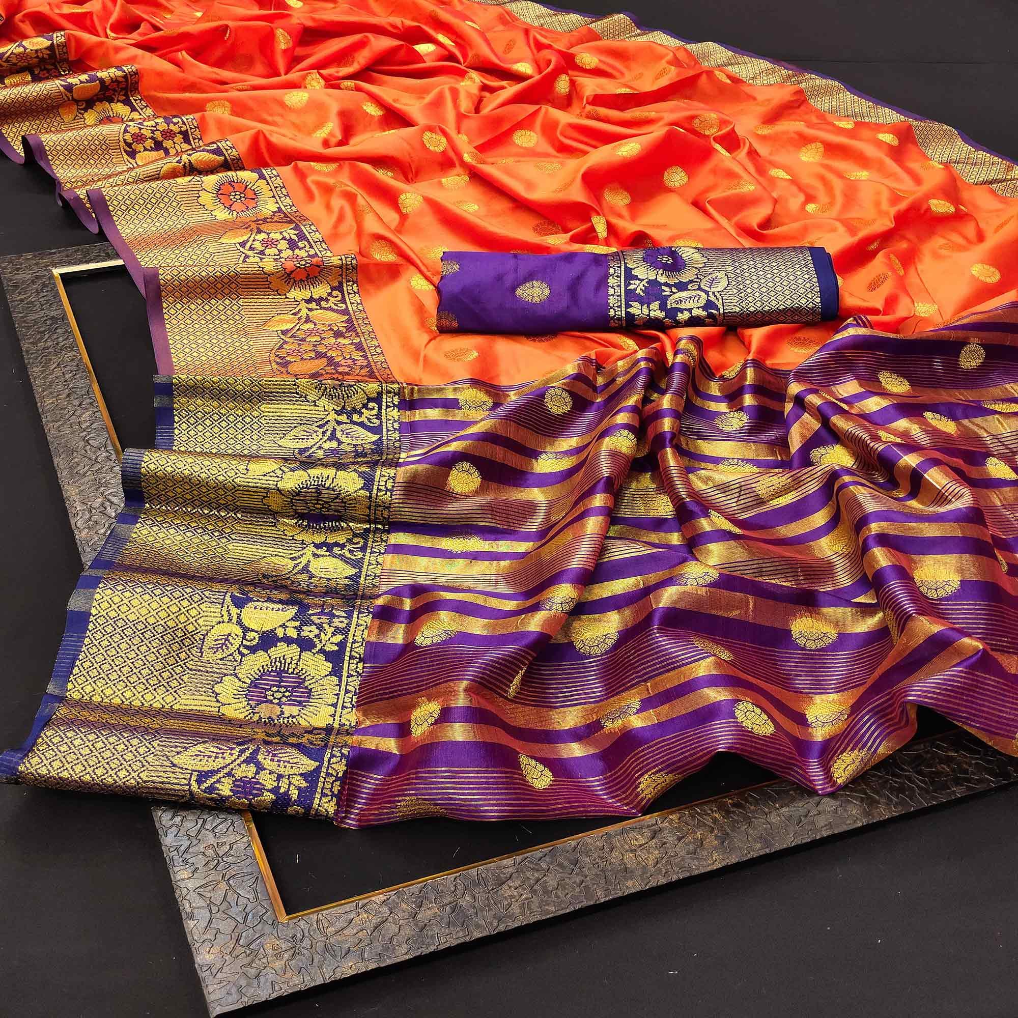 Exotic Peach Colored Festive Wear Woven Kanjivaram Silk Saree - Peachmode