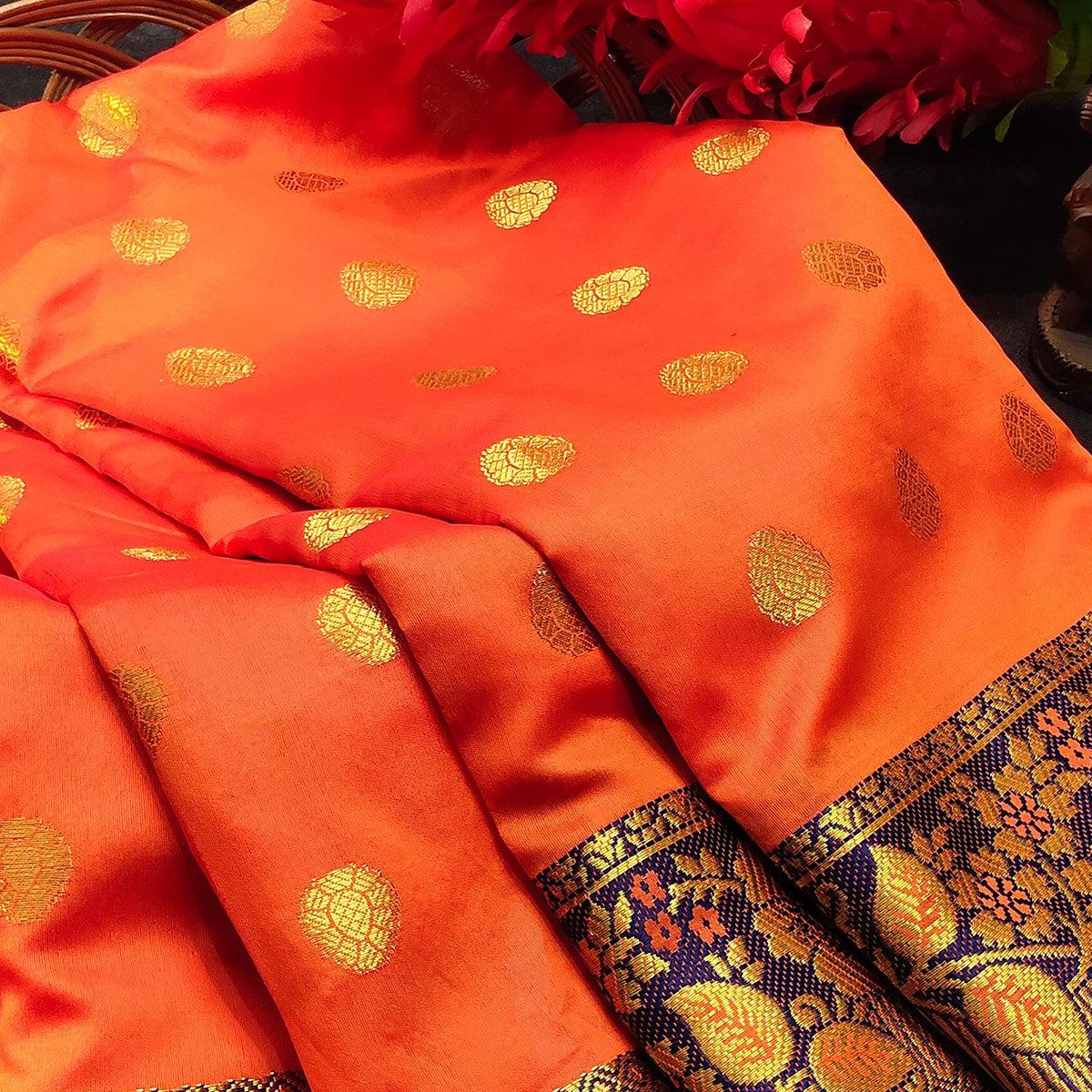 Exotic Peach Colored Festive Wear Woven Kanjivaram Silk Saree - Peachmode