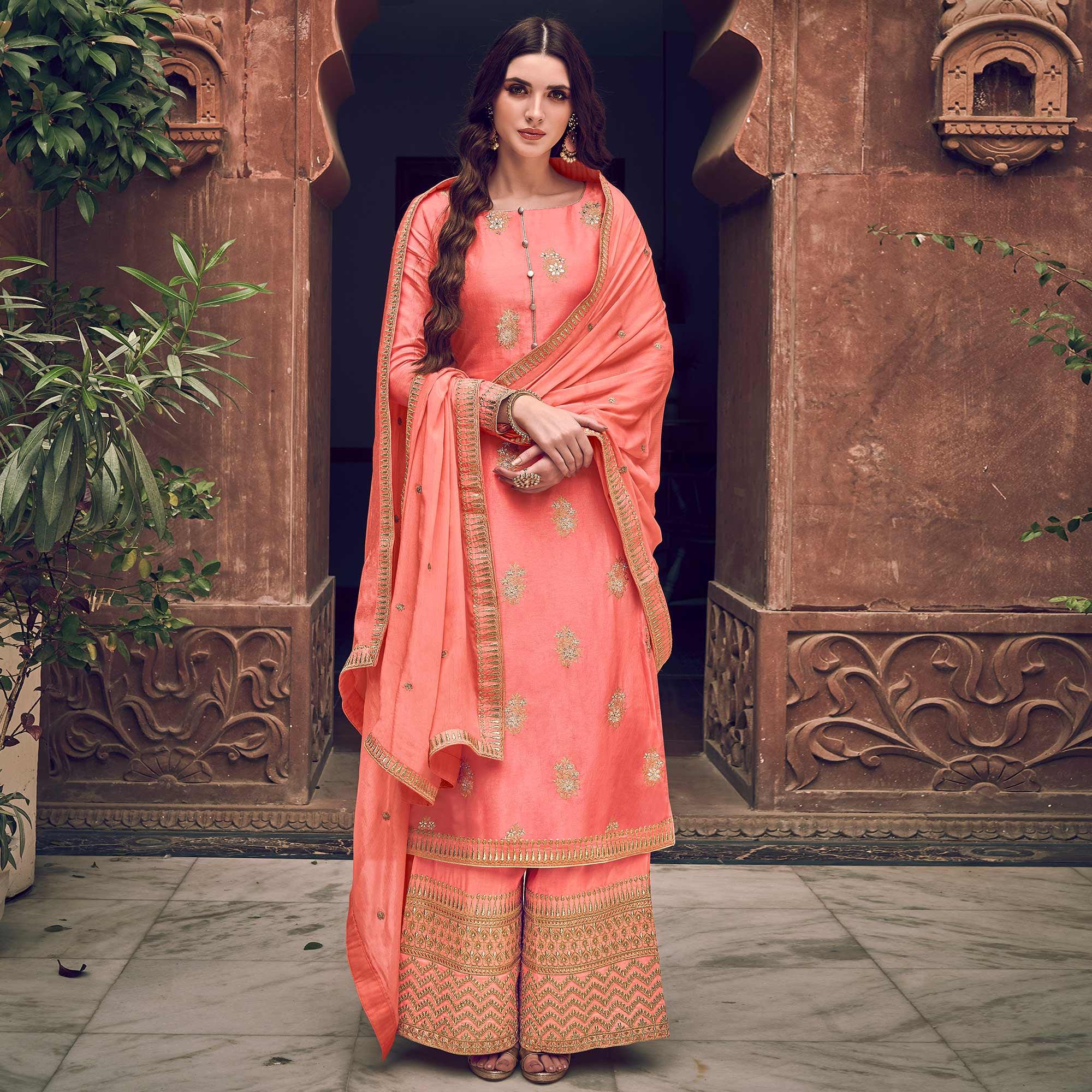 Exotic Peach Colored Partywear Embroidered Pure Dola Jacquard Palazzo Suit - Peachmode