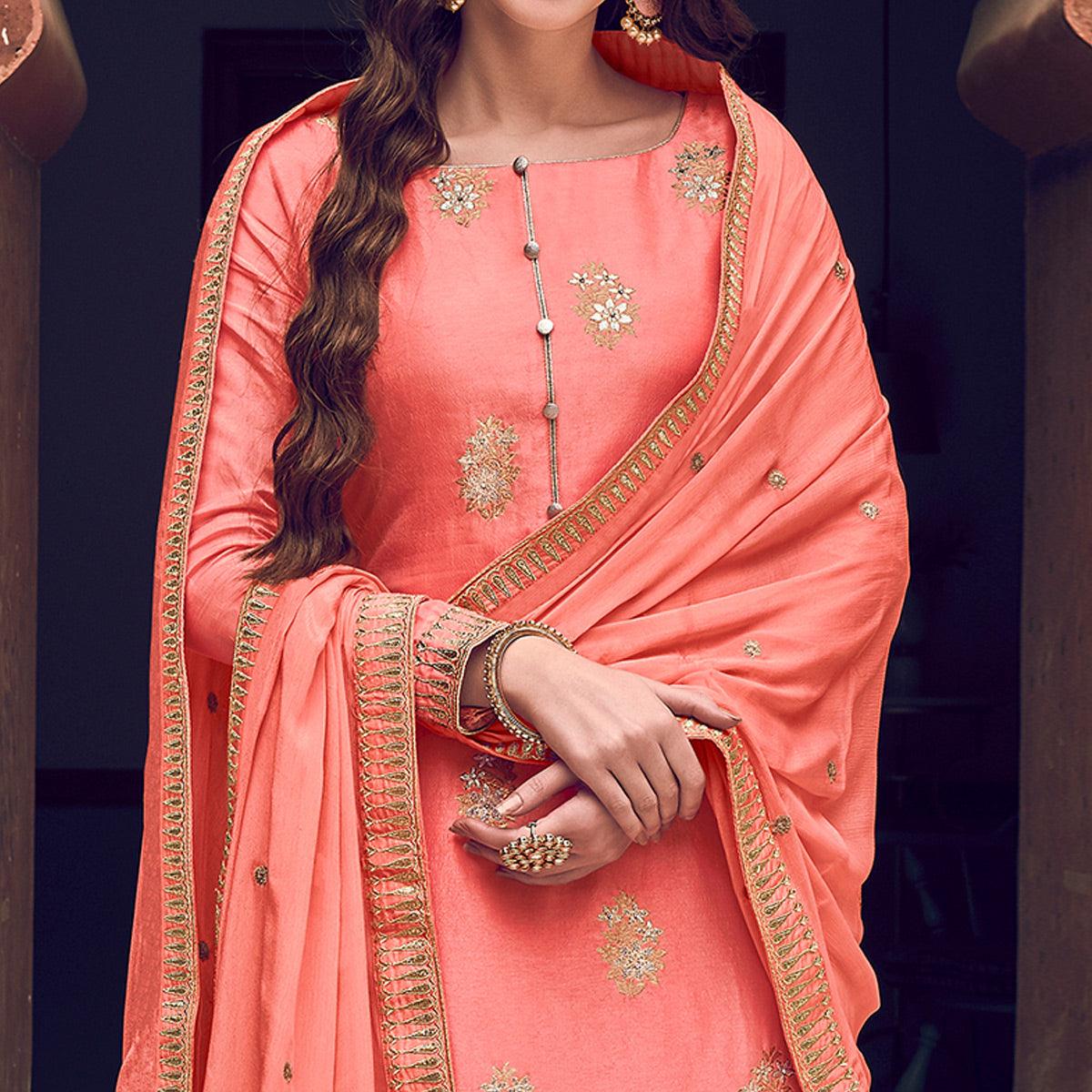 Exotic Peach Colored Partywear Embroidered Pure Dola Jacquard Palazzo Suit - Peachmode
