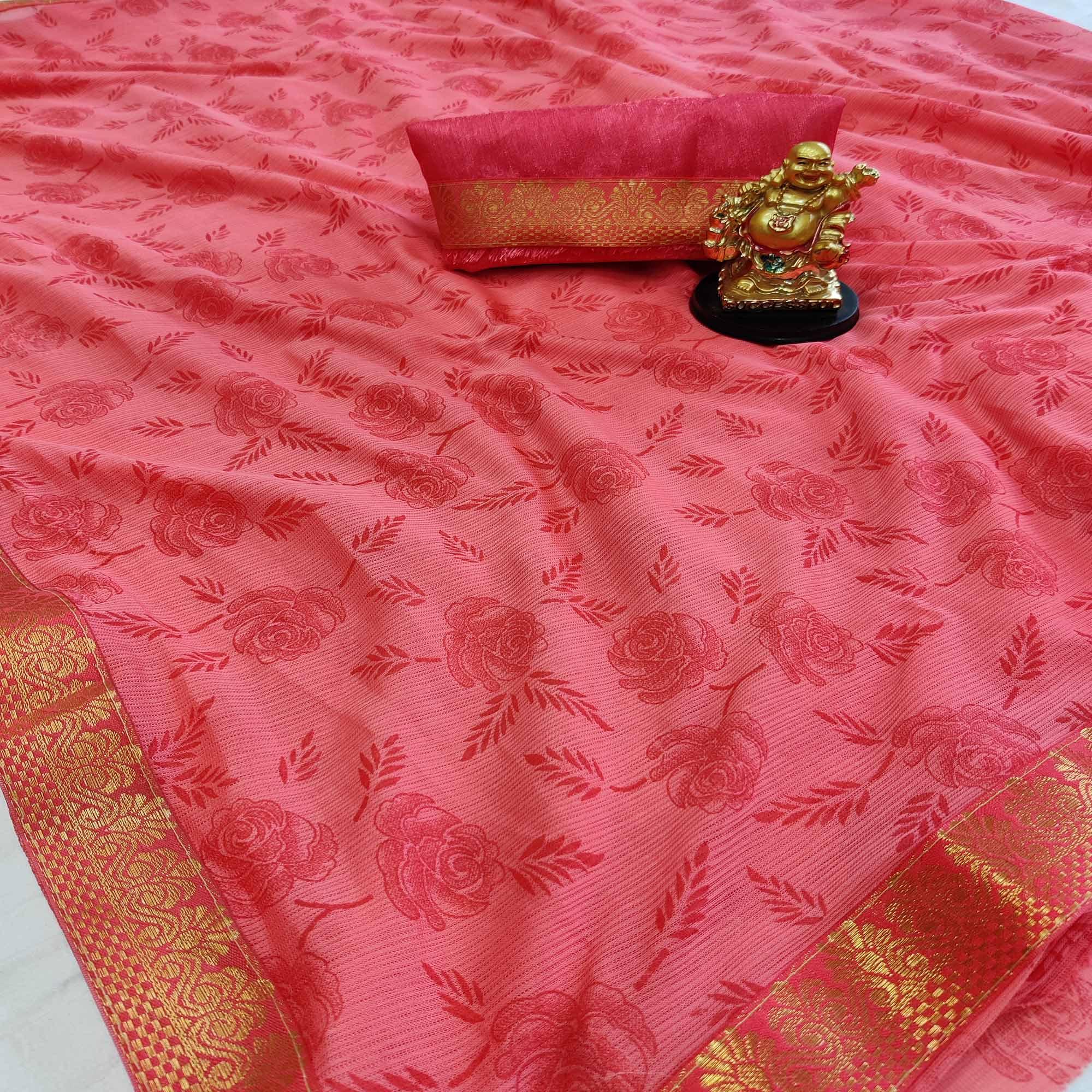 Exotic Peach Coloured Casual Wear Printed Art Silk Saree - Peachmode