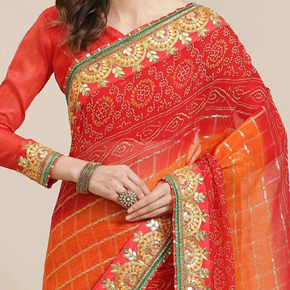 Exotic Pink & Orange Coloured Partywear Embroidered Georgette Saree - Peachmode