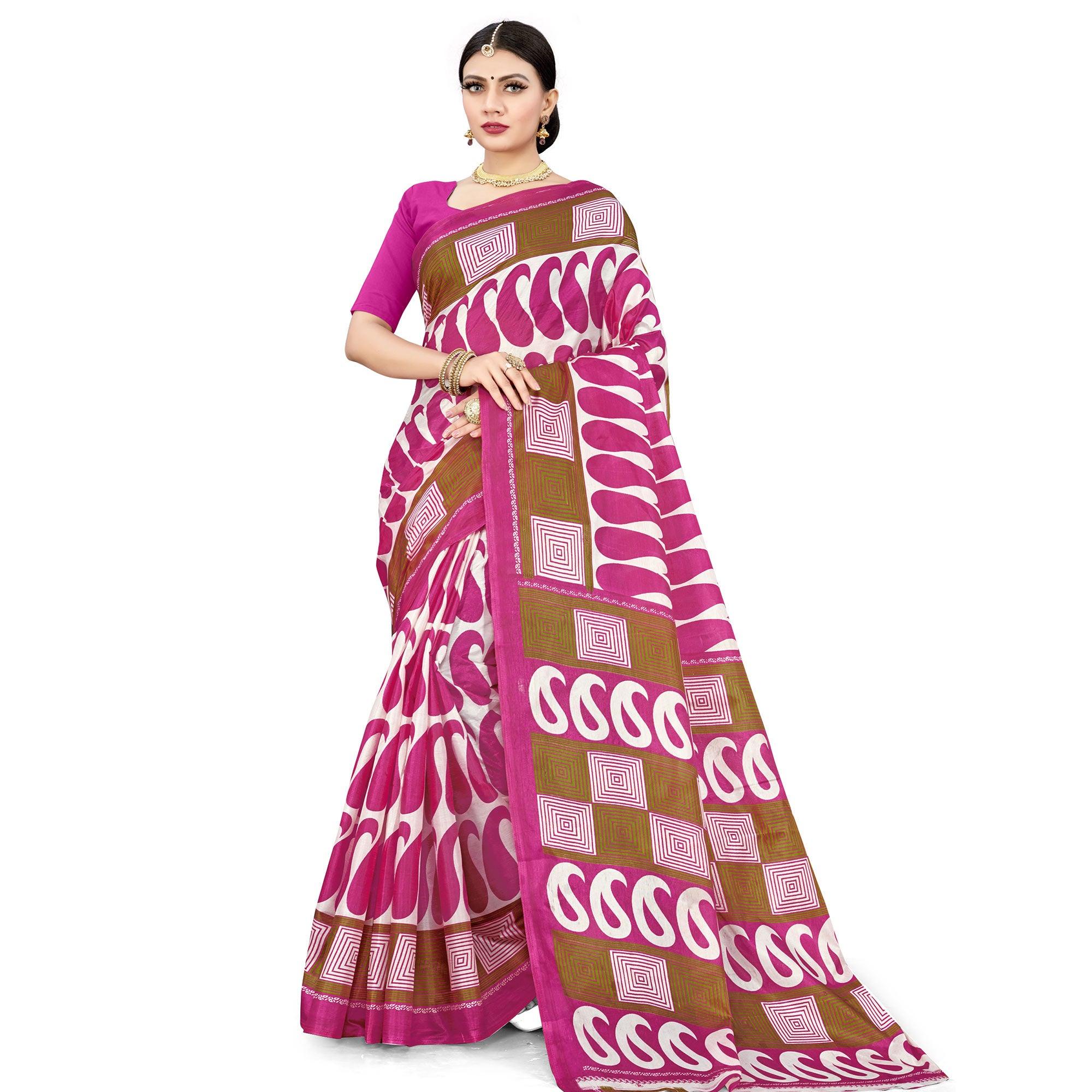 Exotic Pink Colored Casual Wear Printed Cotton Silk Saree - Peachmode