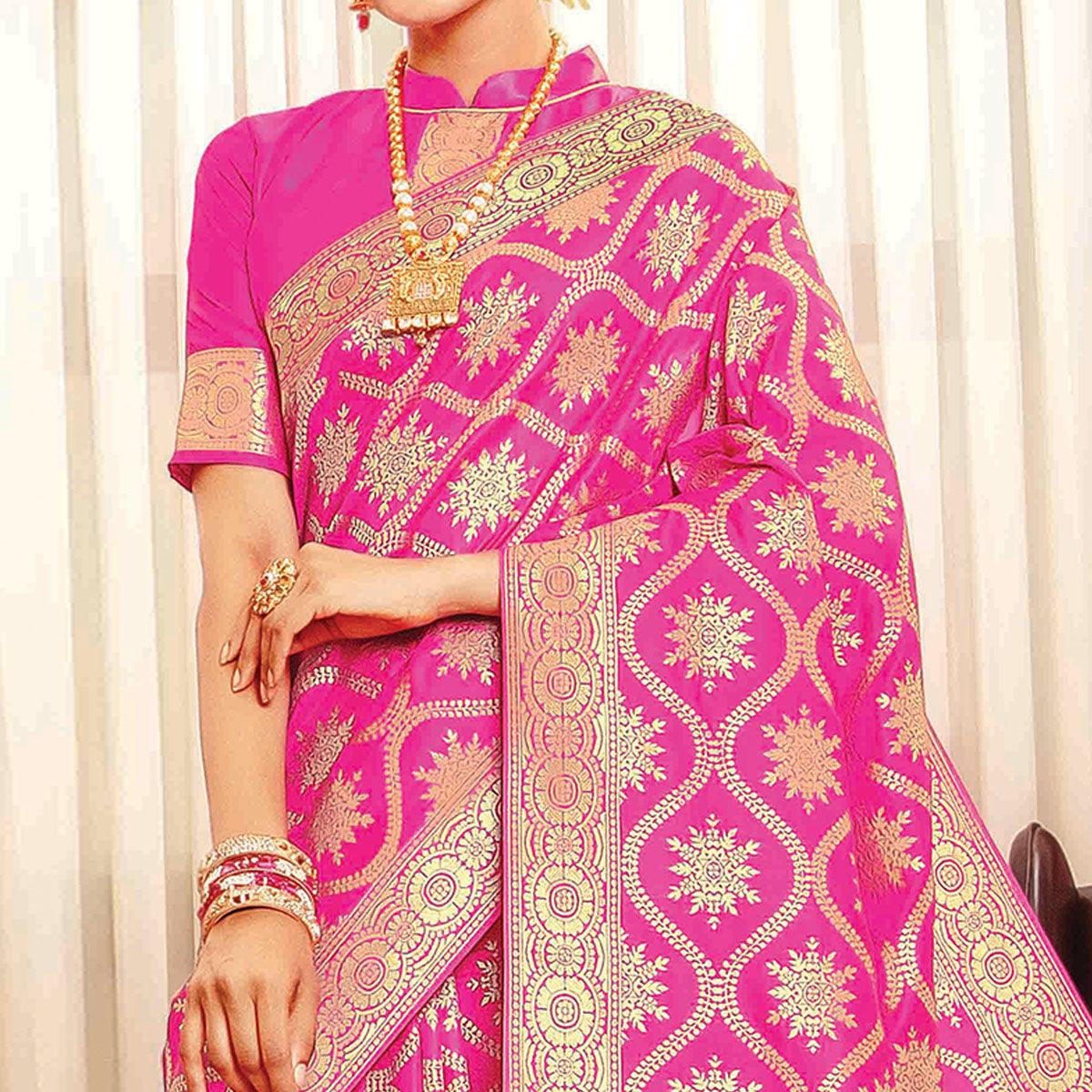 Exotic Pink Colored Festive Wear Woven Banarasi Silk Saree - Peachmode