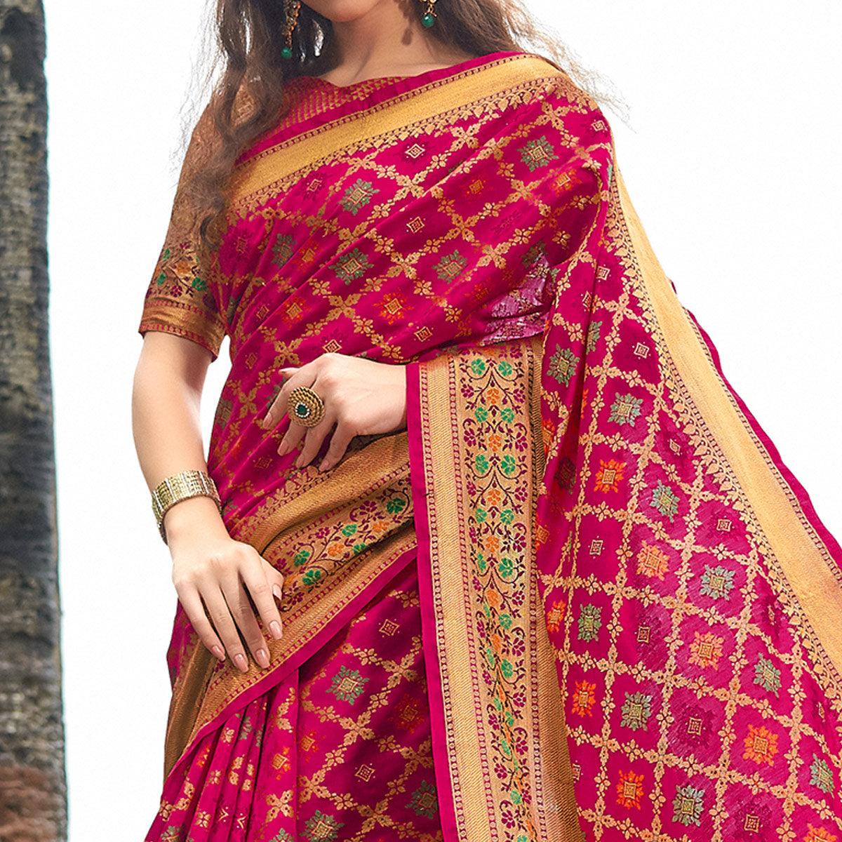 Exotic Pink Colored Festive Wear Woven Silk Saree - Peachmode