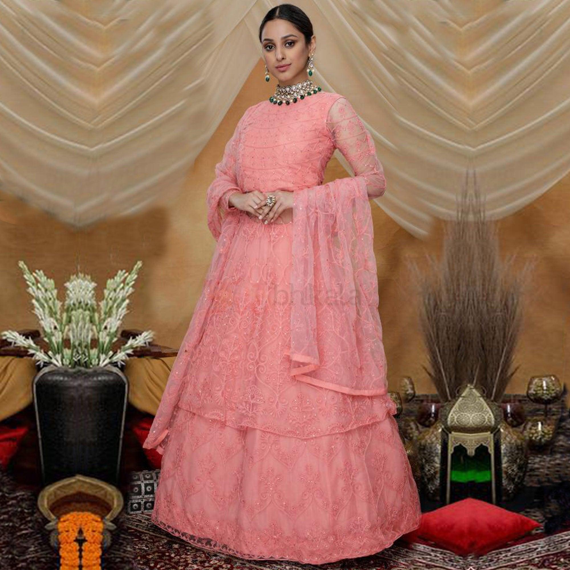 Exotic Pink Colored Party Wear Embroidered Net Lehenga Style Gown - Peachmode