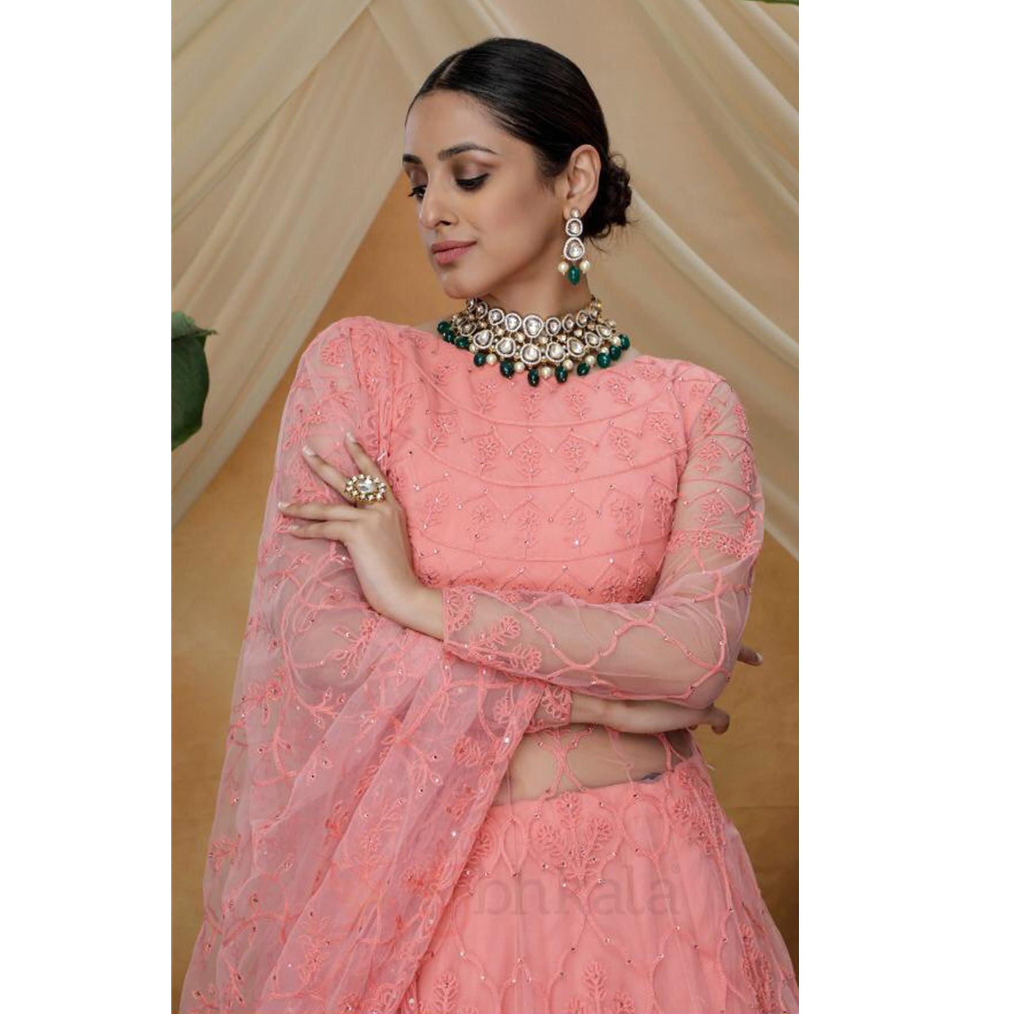 Exotic Pink Colored Party Wear Embroidered Net Lehenga Style Gown - Peachmode