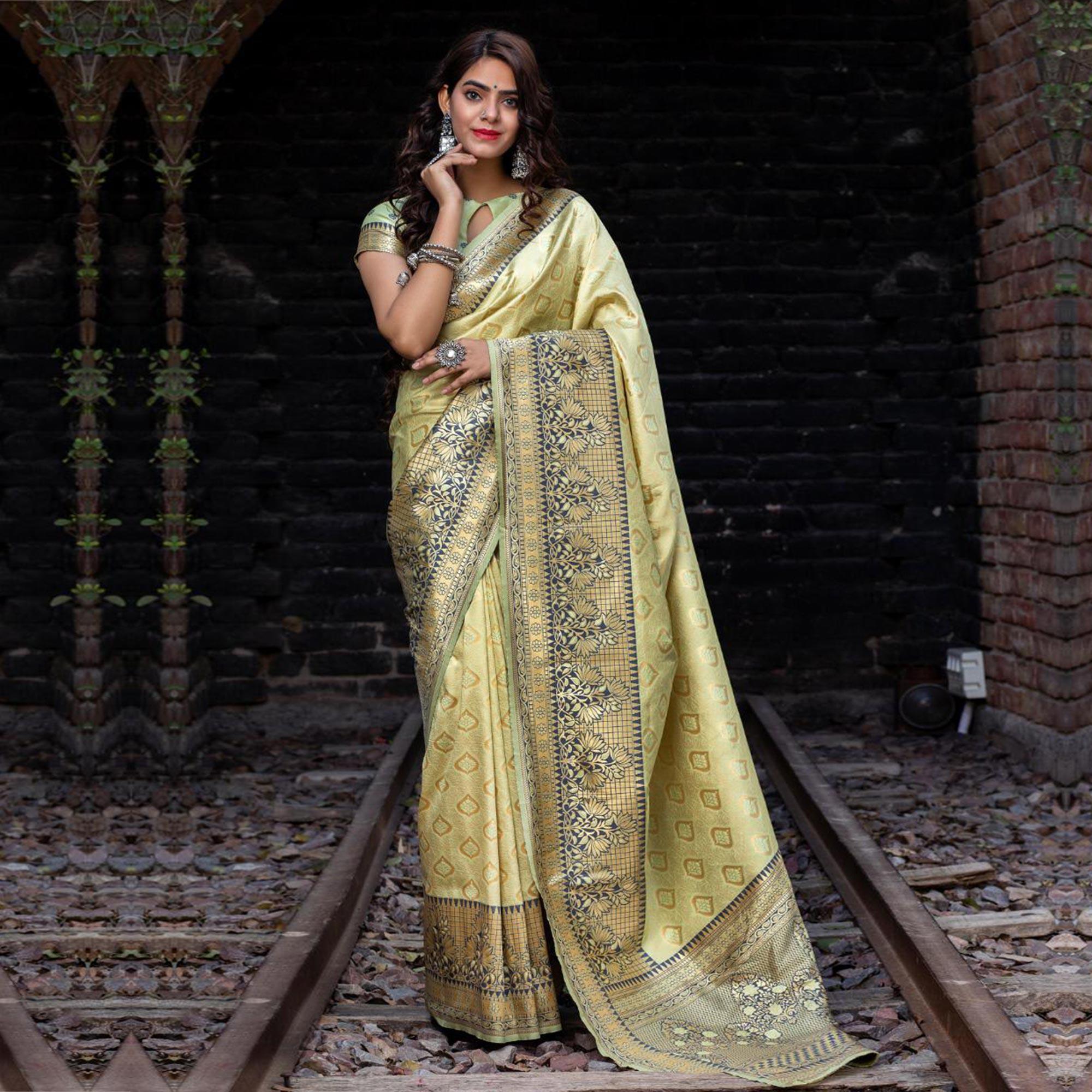 Exotic Pista Colored Festive Wear Woven Banarasi Silk Saree - Peachmode
