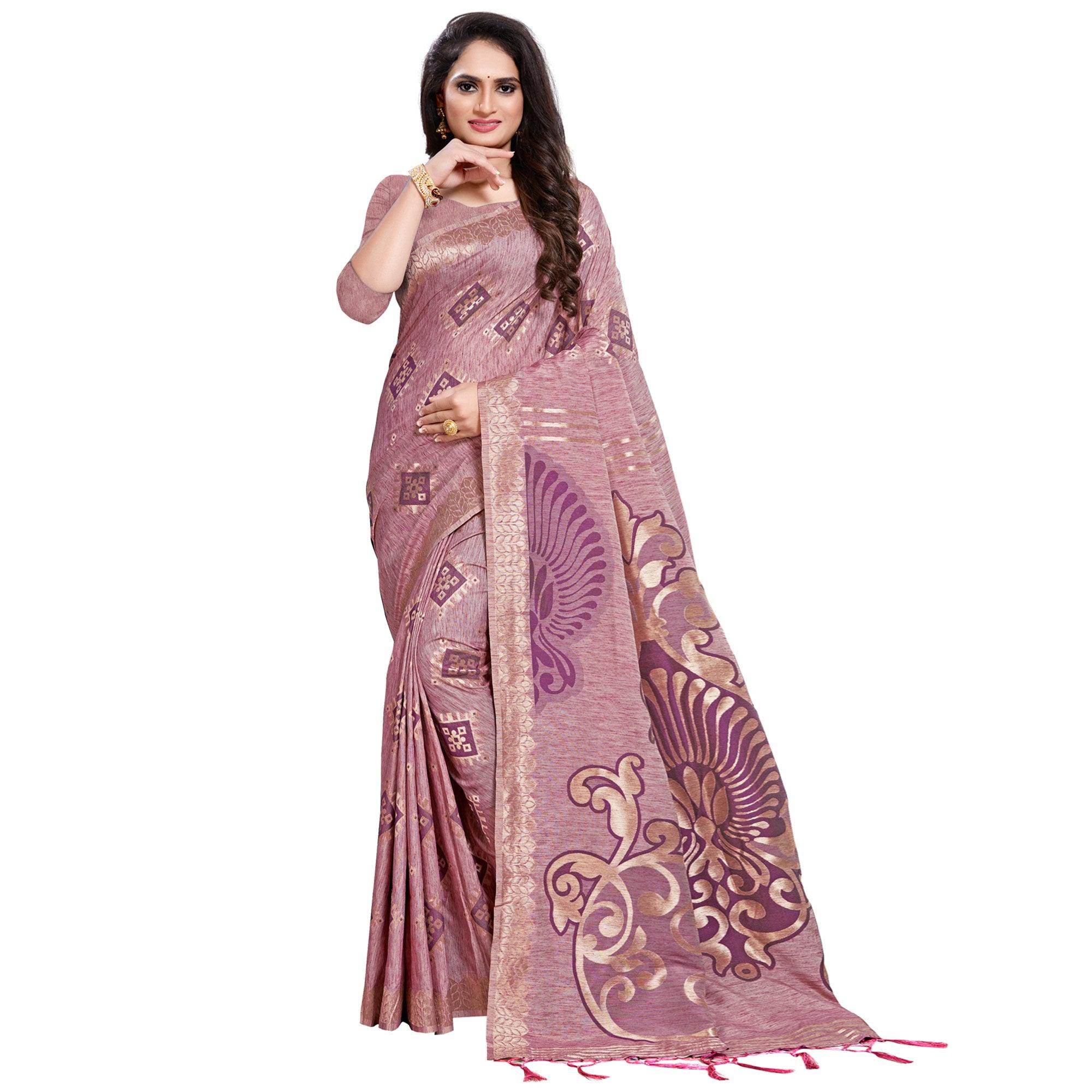 Exotic Purple Colored Festive Wear Woven Silk Blend Saree With Tassles - Peachmode