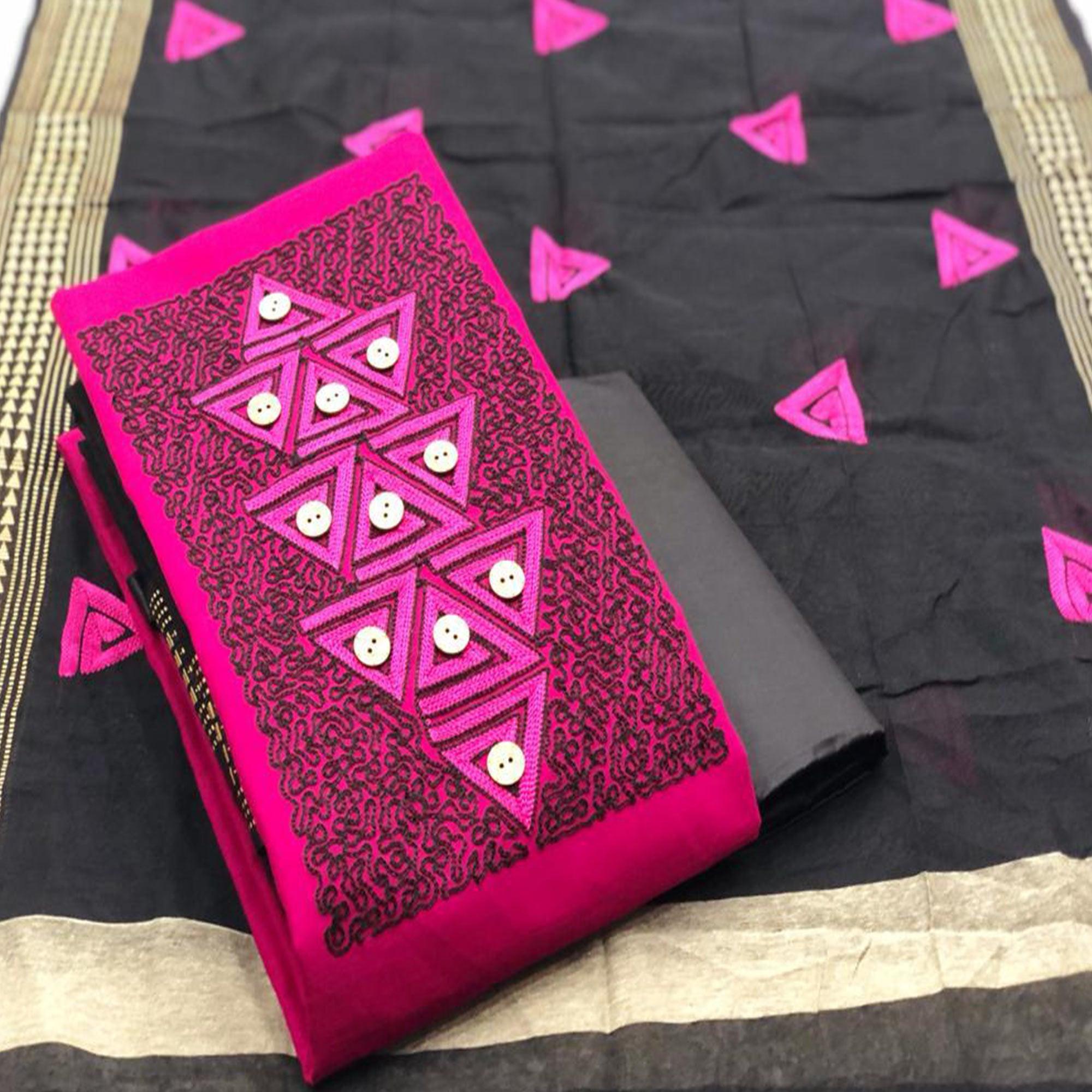Exotic Rani Coloured Casual Wear Embroidered Cotton Dress Material - Peachmode