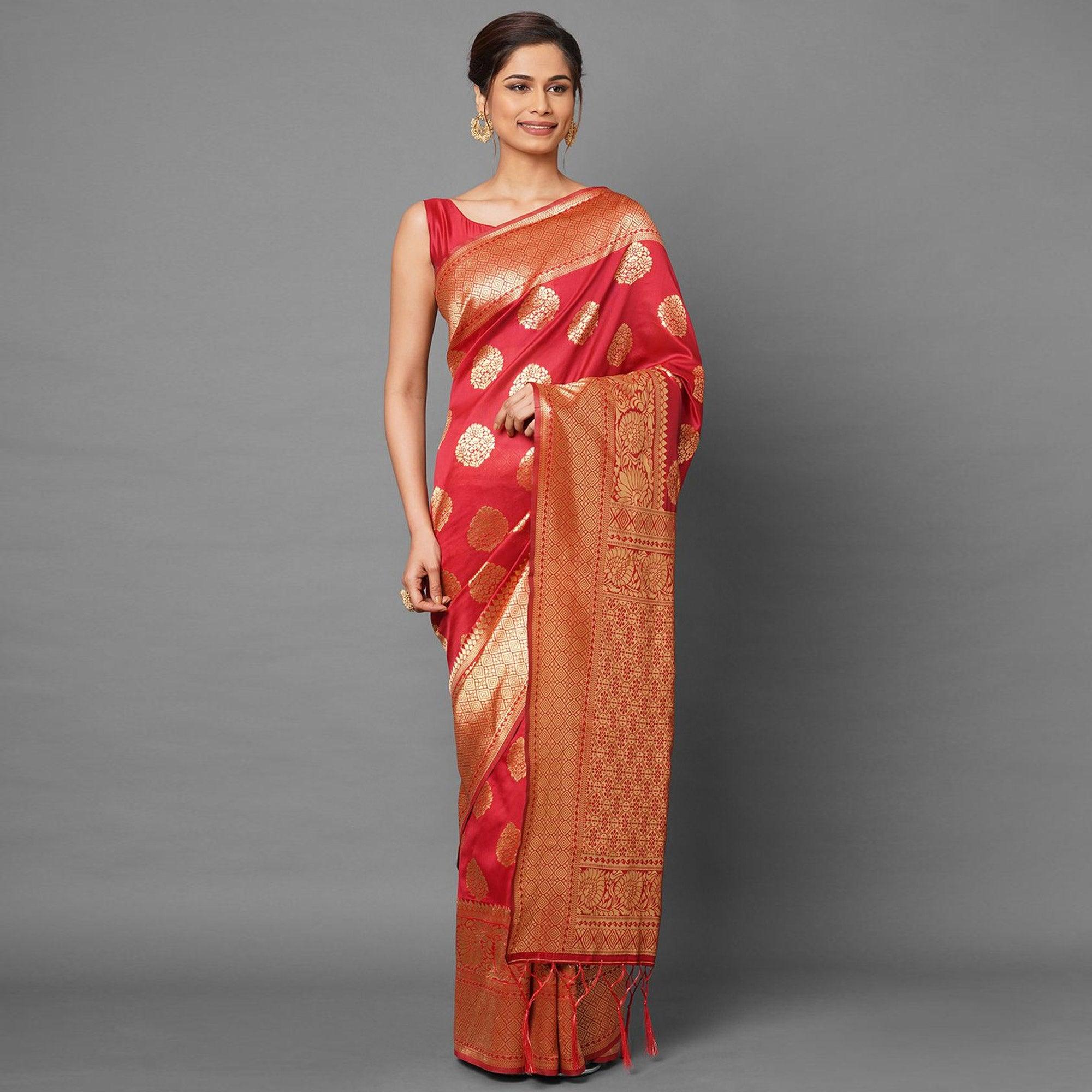 Exotic Red Colored Festive Wear Woven Silk Blend Saree - Peachmode