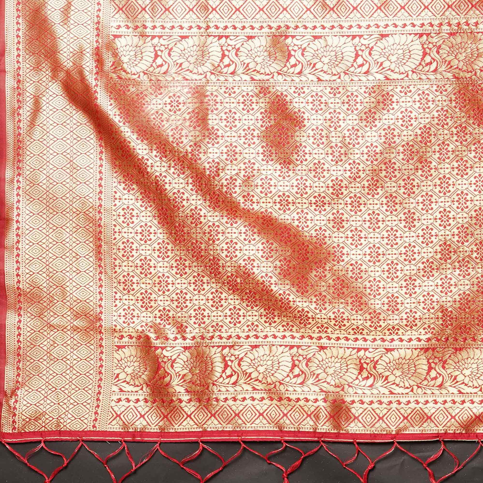 Exotic Red Colored Festive Wear Woven Silk Blend Saree - Peachmode