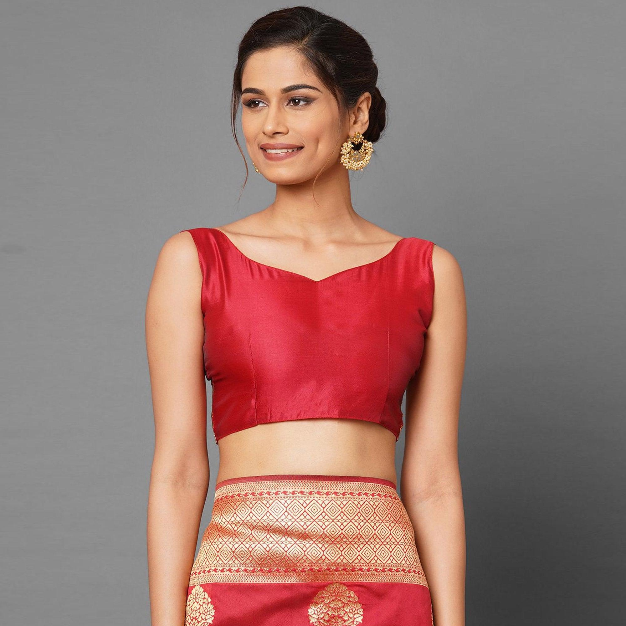 Exotic Red Colored Festive Wear Woven Silk Blend Saree - Peachmode