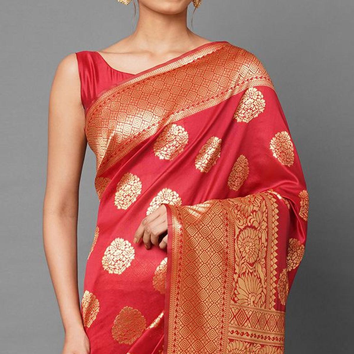 Exotic Red Colored Festive Wear Woven Silk Blend Saree - Peachmode
