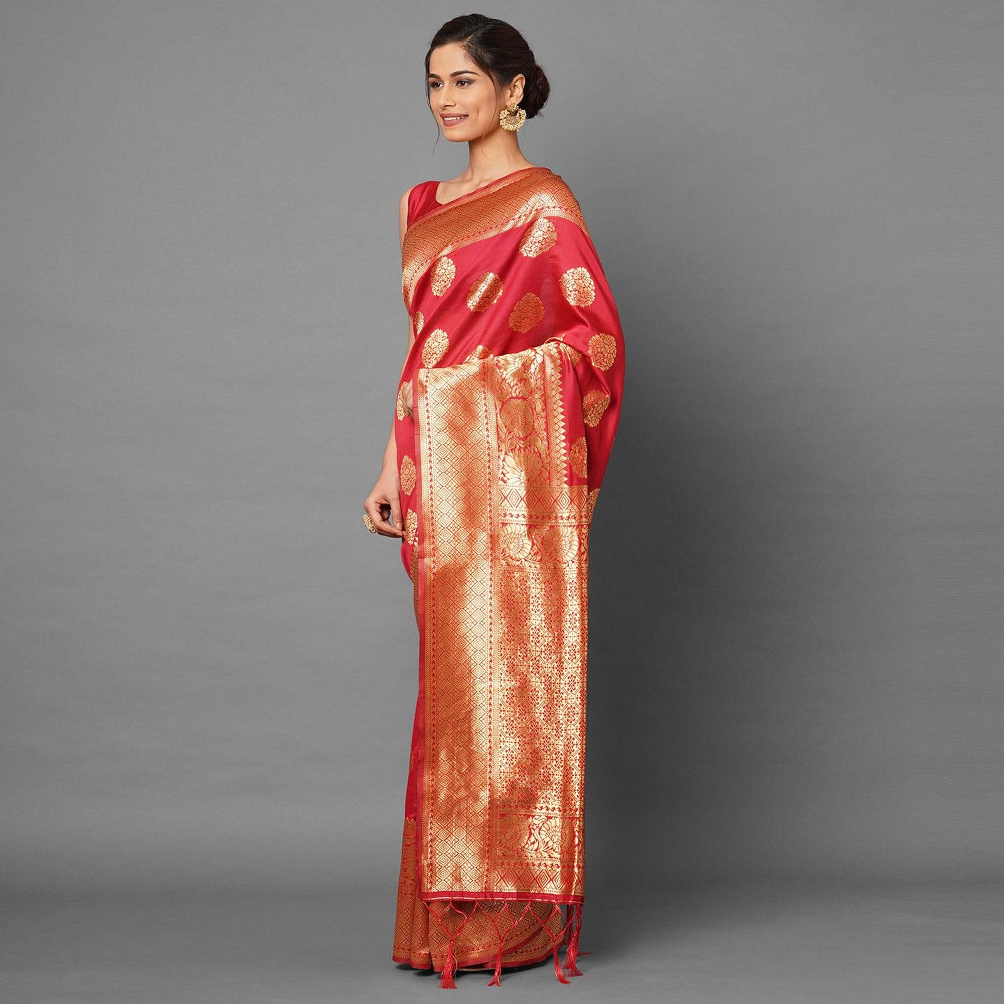 Exotic Red Colored Festive Wear Woven Silk Blend Saree - Peachmode