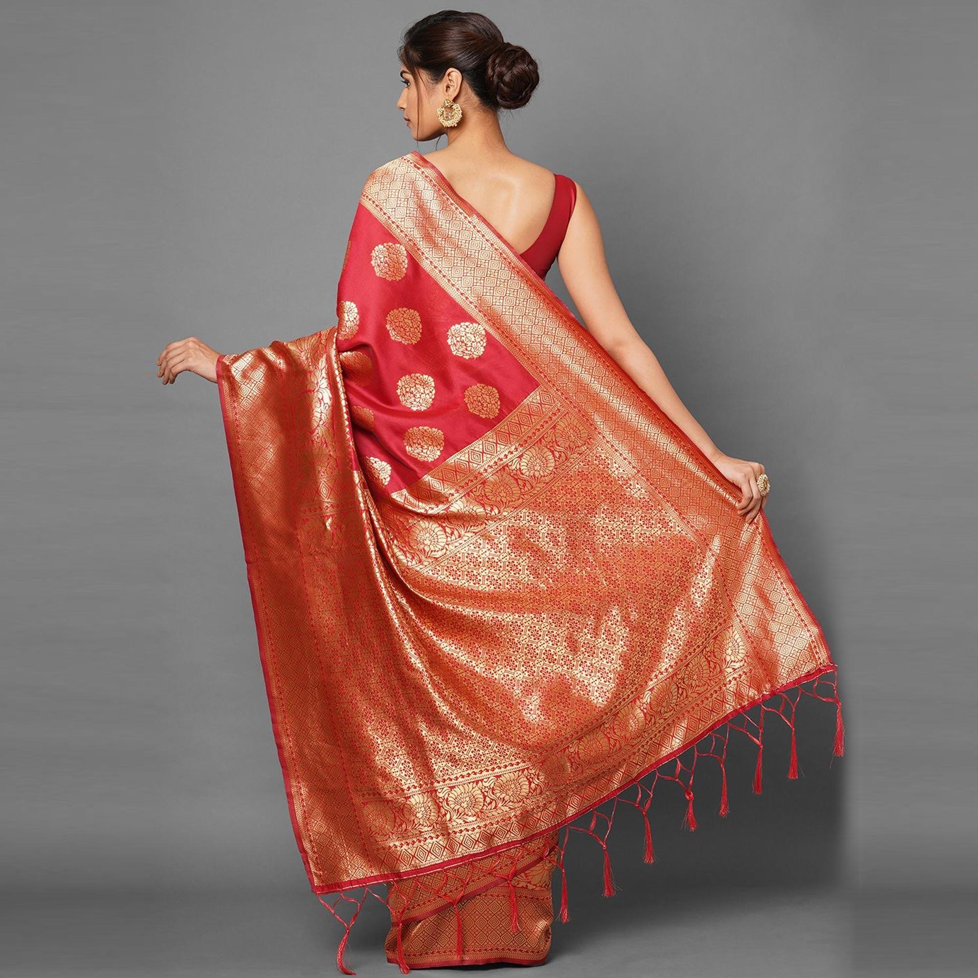 Exotic Red Colored Festive Wear Woven Silk Blend Saree - Peachmode