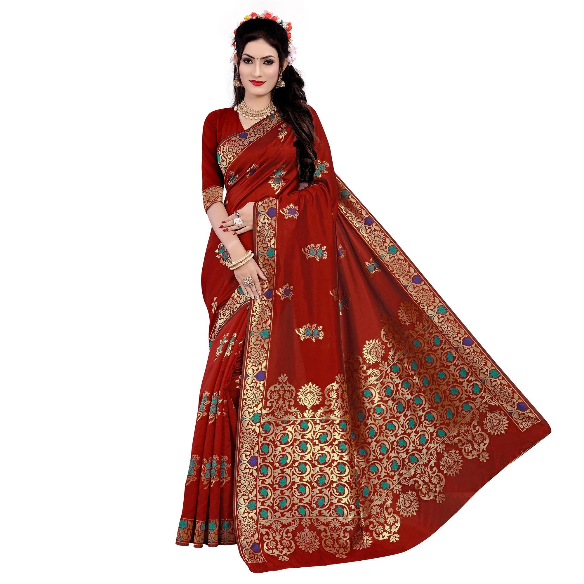 Exotic Red Colored Festive Wear Woven Work Banarasi Silk Saree - Peachmode