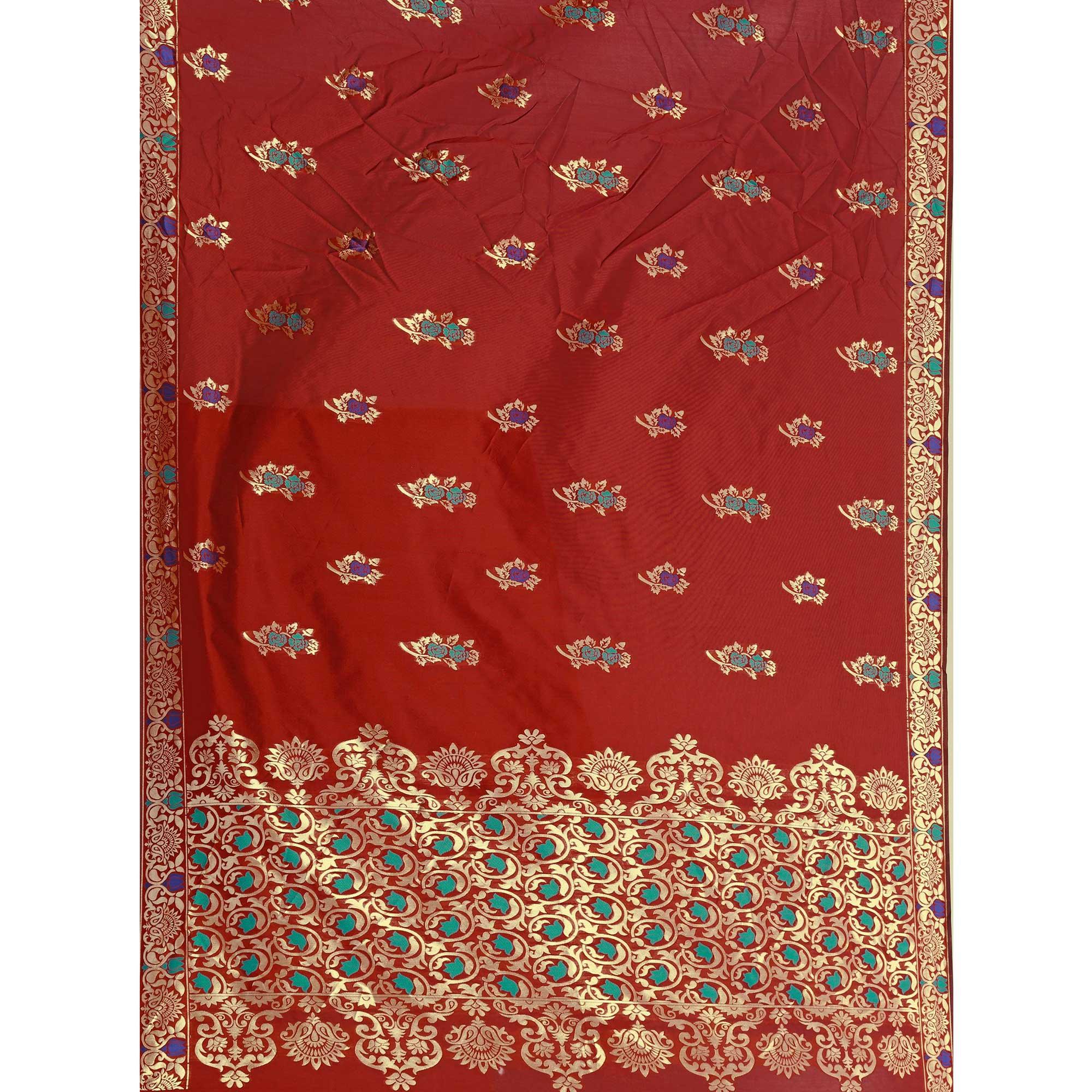 Exotic Red Colored Festive Wear Woven Work Banarasi Silk Saree - Peachmode
