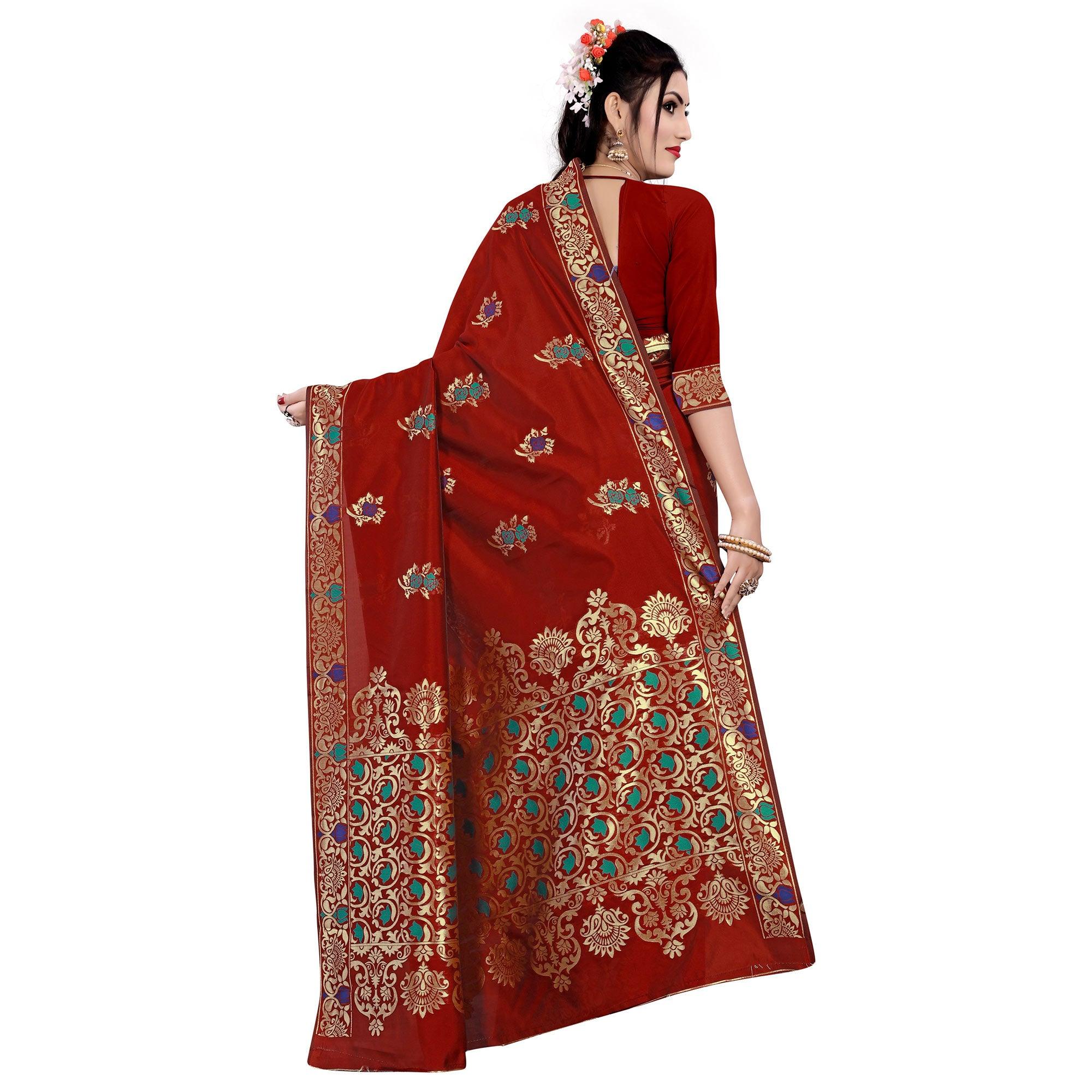 Exotic Red Colored Festive Wear Woven Work Banarasi Silk Saree - Peachmode