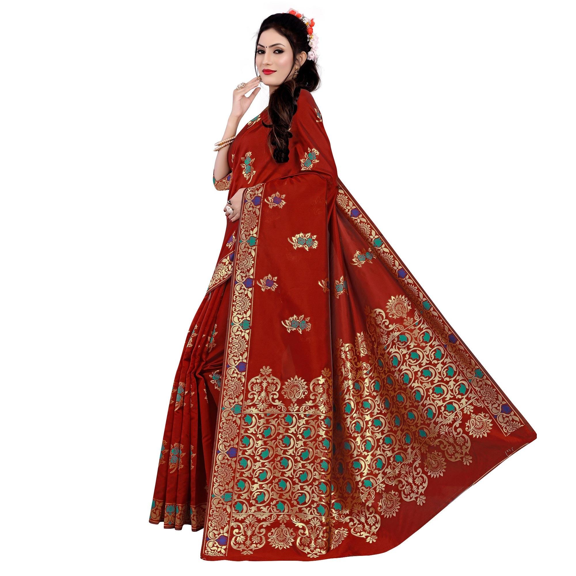 Exotic Red Colored Festive Wear Woven Work Banarasi Silk Saree - Peachmode