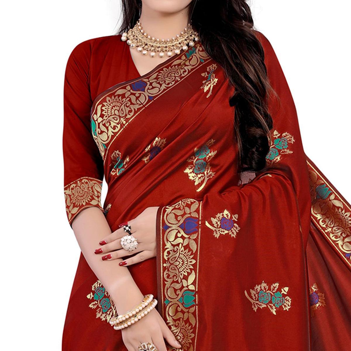 Exotic Red Colored Festive Wear Woven Work Banarasi Silk Saree - Peachmode