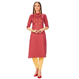 Exotic Red Colored Party Wear Embroidered Jam Cotton Silk Kurti - Peachmode