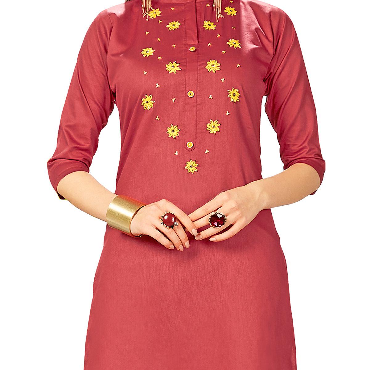 Exotic Red Colored Party Wear Embroidered Jam Cotton Silk Kurti - Peachmode