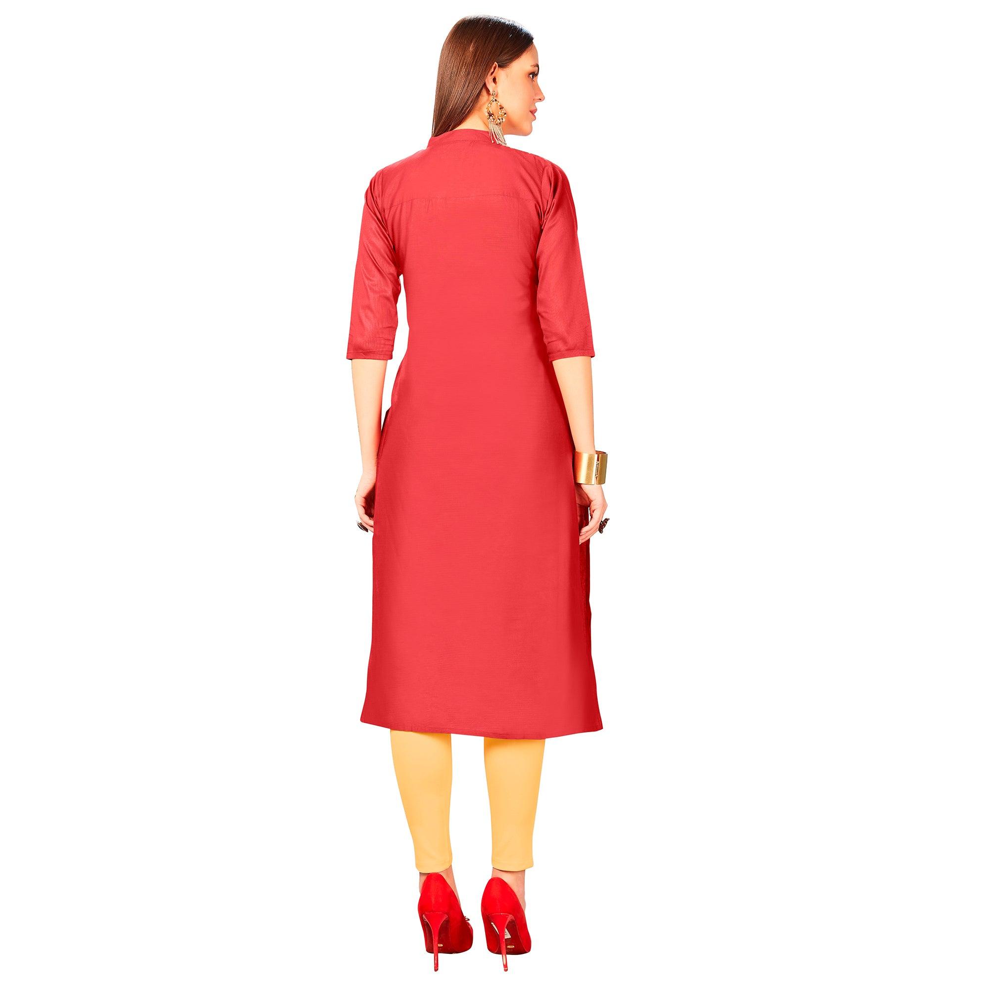 Exotic Red Colored Party Wear Embroidered Jam Cotton Silk Kurti - Peachmode