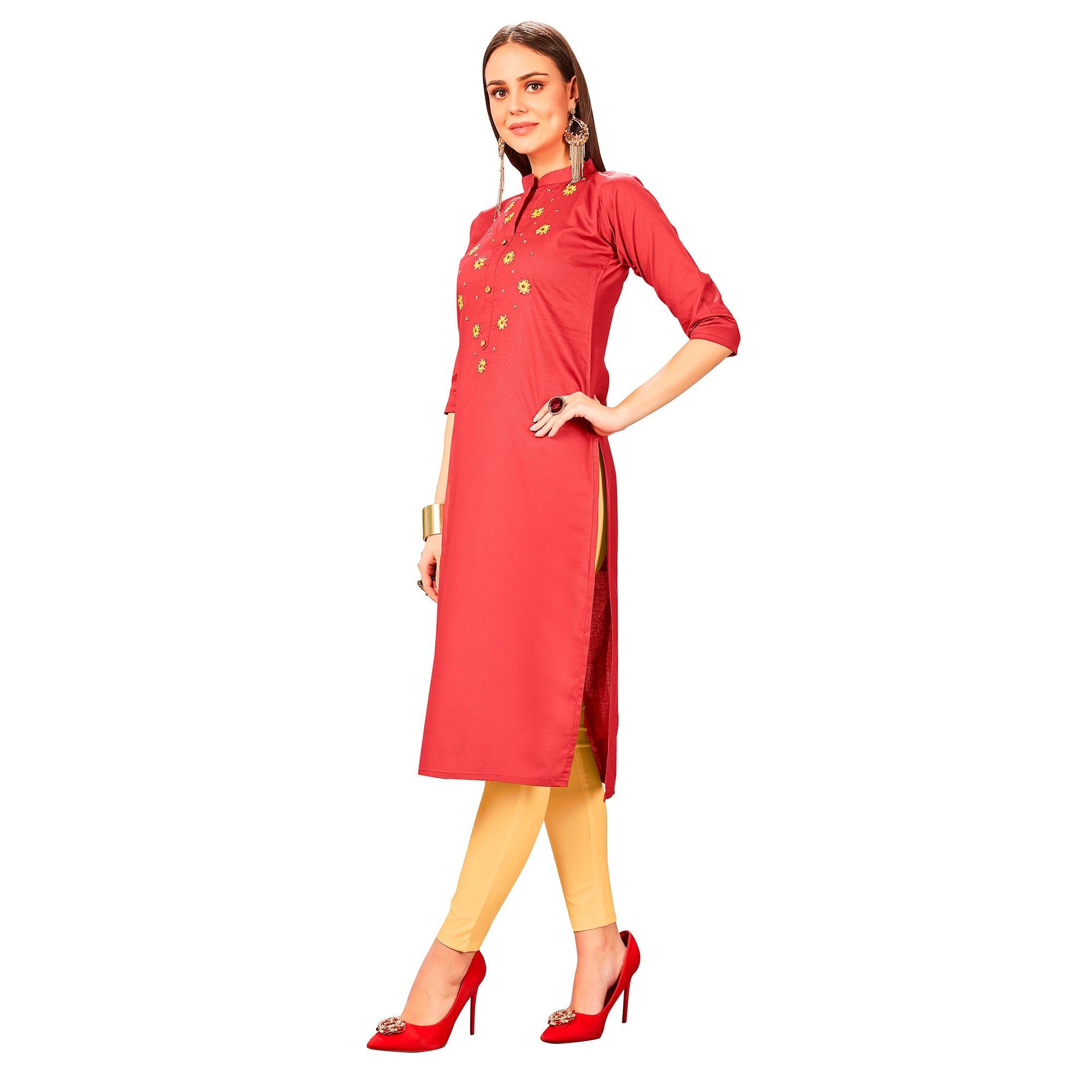 Exotic Red Colored Party Wear Embroidered Jam Cotton Silk Kurti - Peachmode
