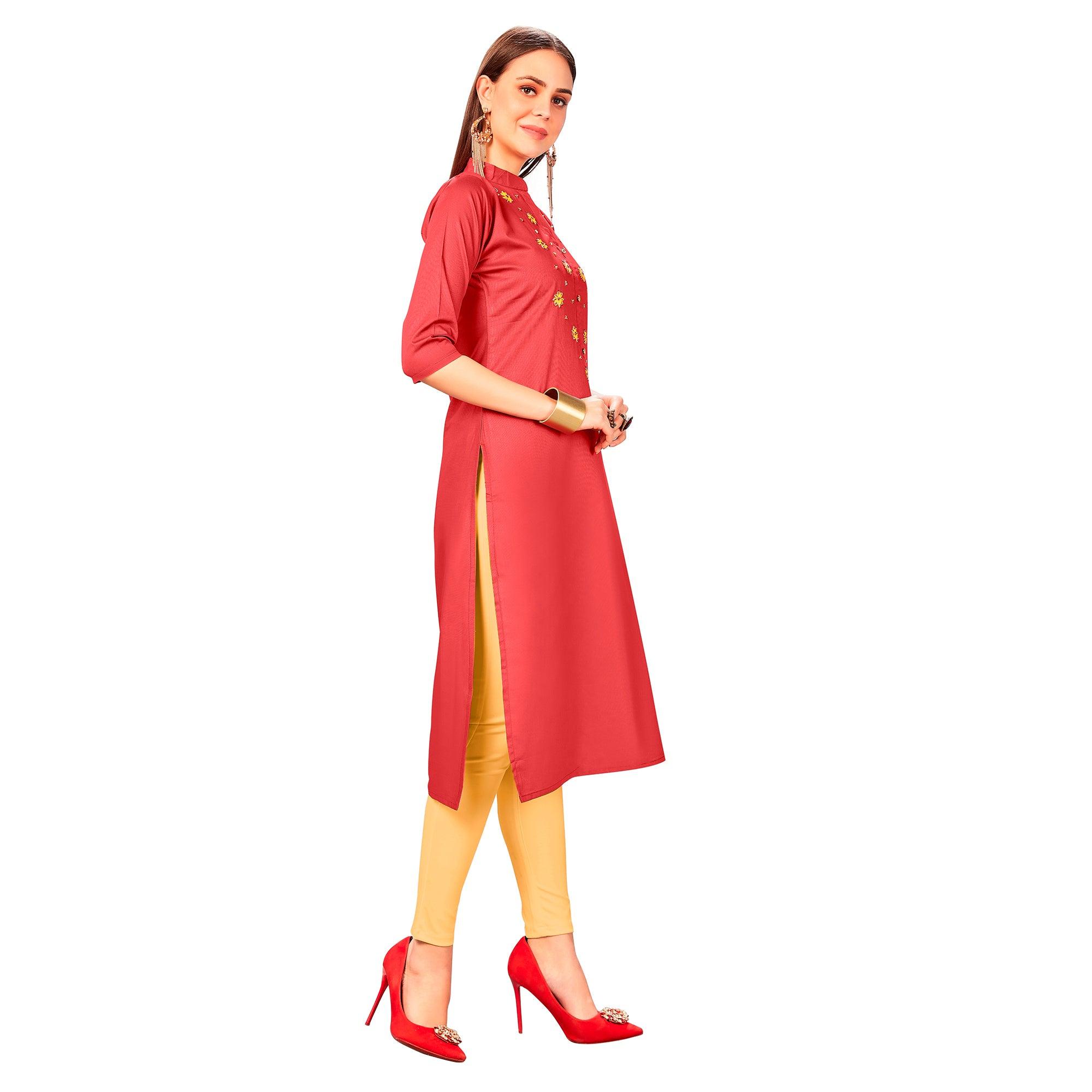 Exotic Red Colored Party Wear Embroidered Jam Cotton Silk Kurti - Peachmode