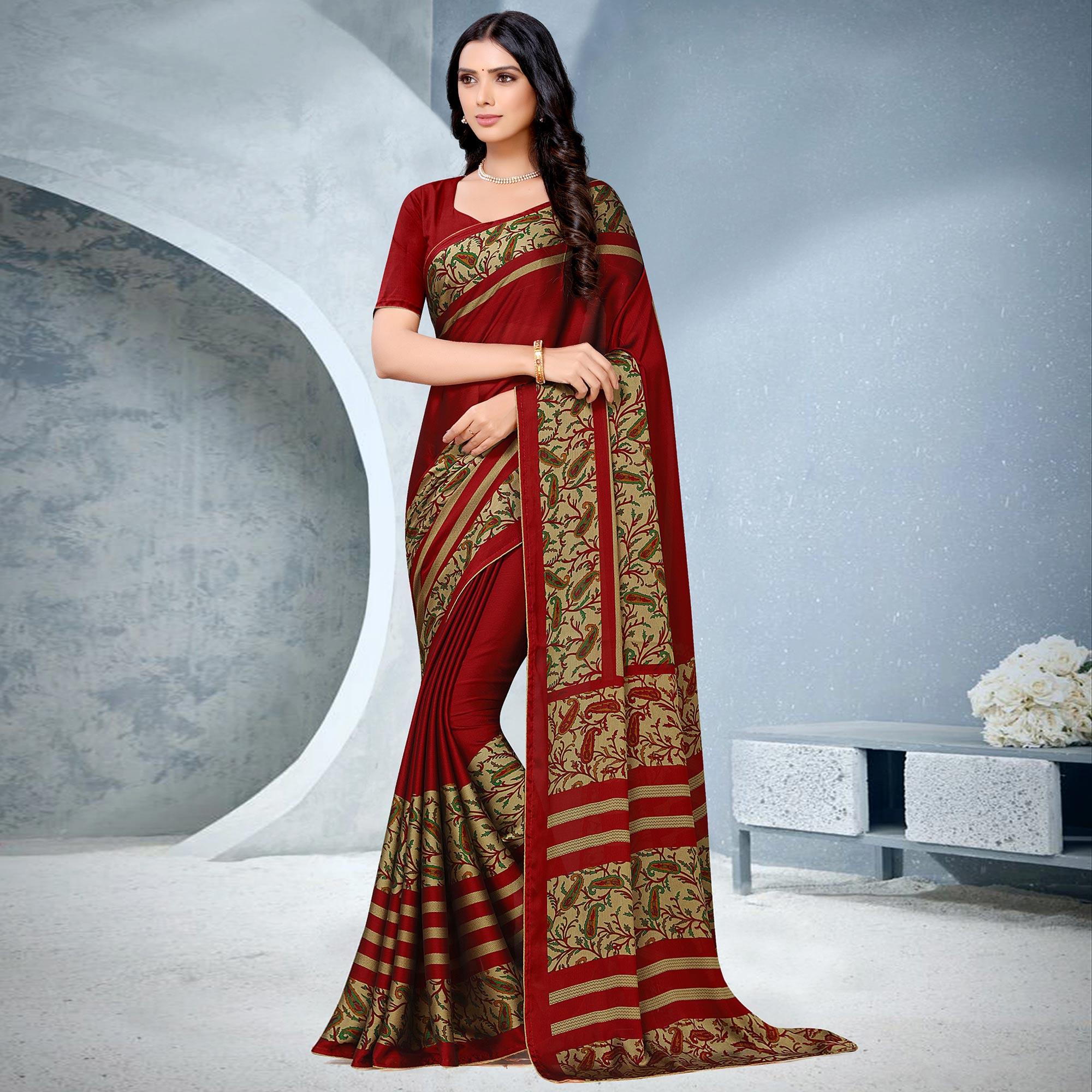 Exotic Red Coloured Lace Piping Work Casual Wear Georgette Saree - Peachmode