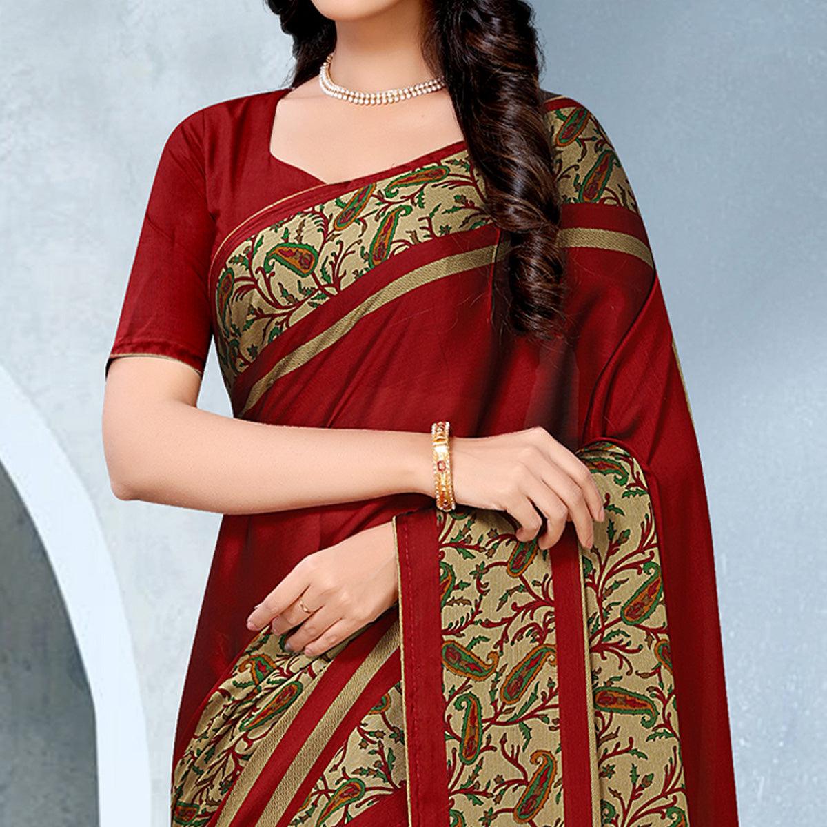 Exotic Red Coloured Lace Piping Work Casual Wear Georgette Saree - Peachmode