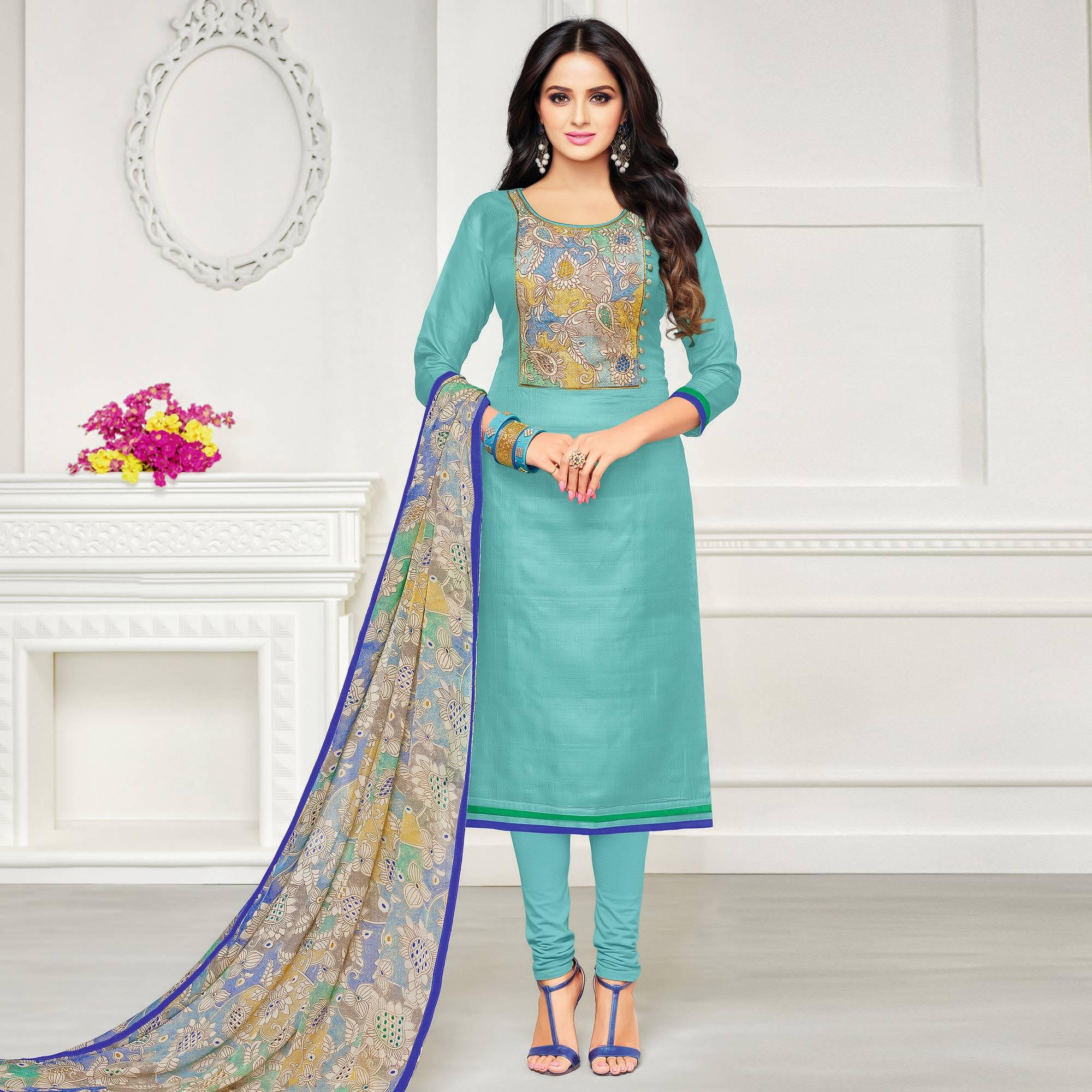 Exotic Turquoise Blue Colored Casual Wear Printed Chanderi Dress Material - Peachmode