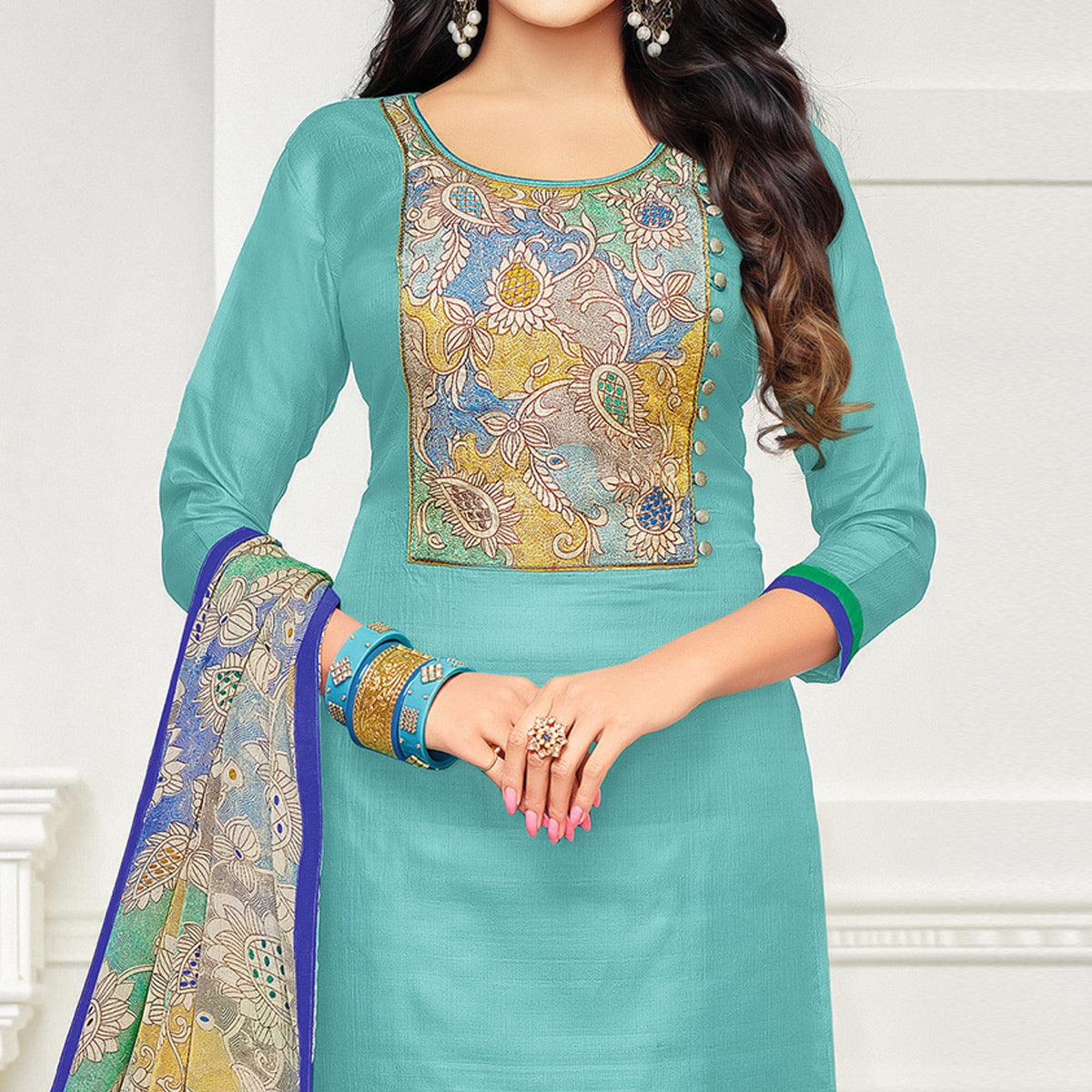 Exotic Turquoise Blue Colored Casual Wear Printed Chanderi Dress Material - Peachmode