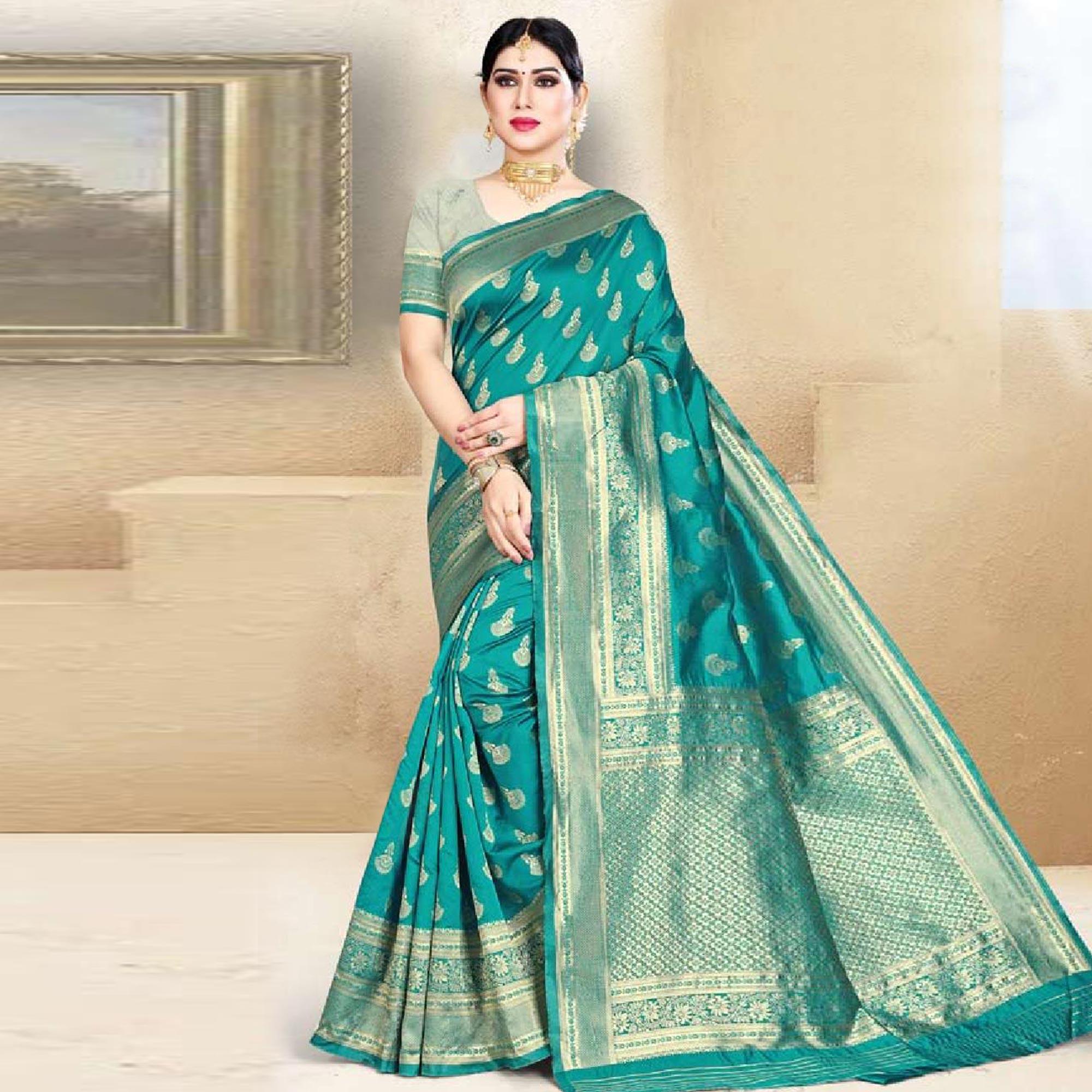 Exotic Turquoise Green Colored Festive Wear Woven Art Silk Saree - Peachmode