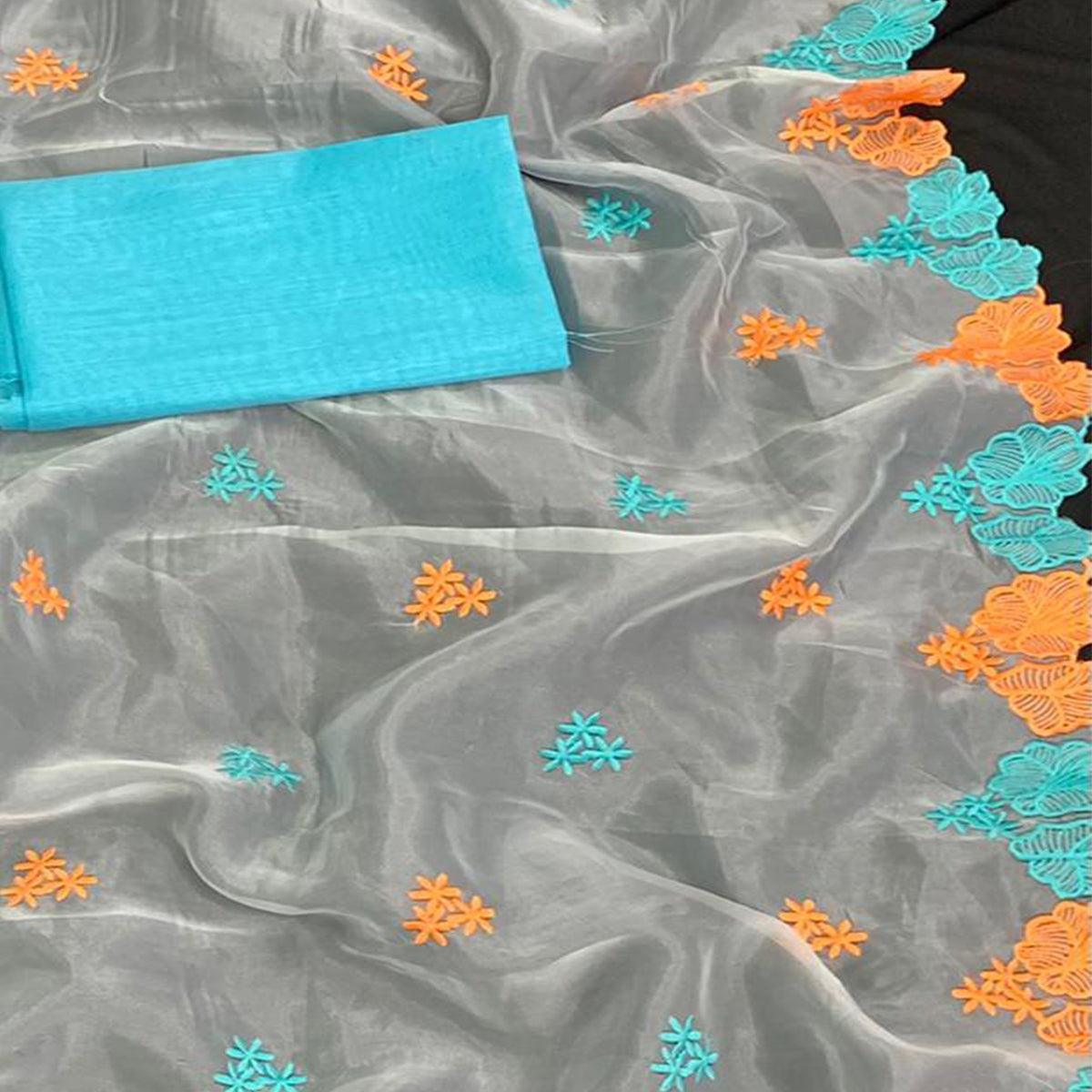 Exotic White - Blue Colored Partywear Embroidered Pure Organza Saree - Peachmode