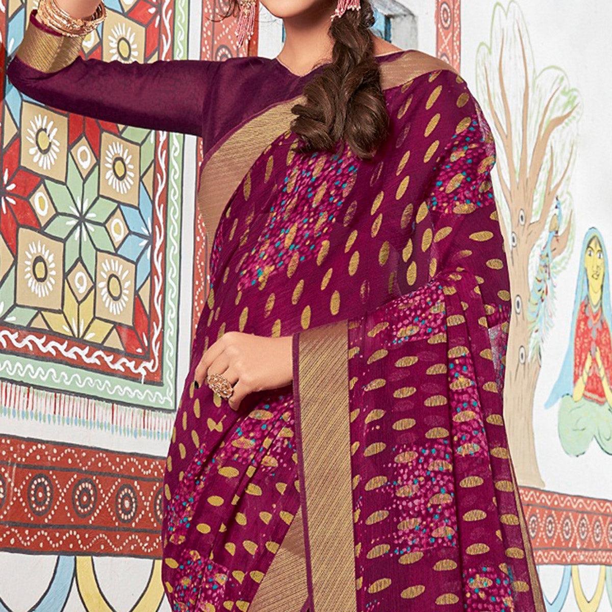 Exotic Wine Coloured Partywear Printed Brasso Saree - Peachmode