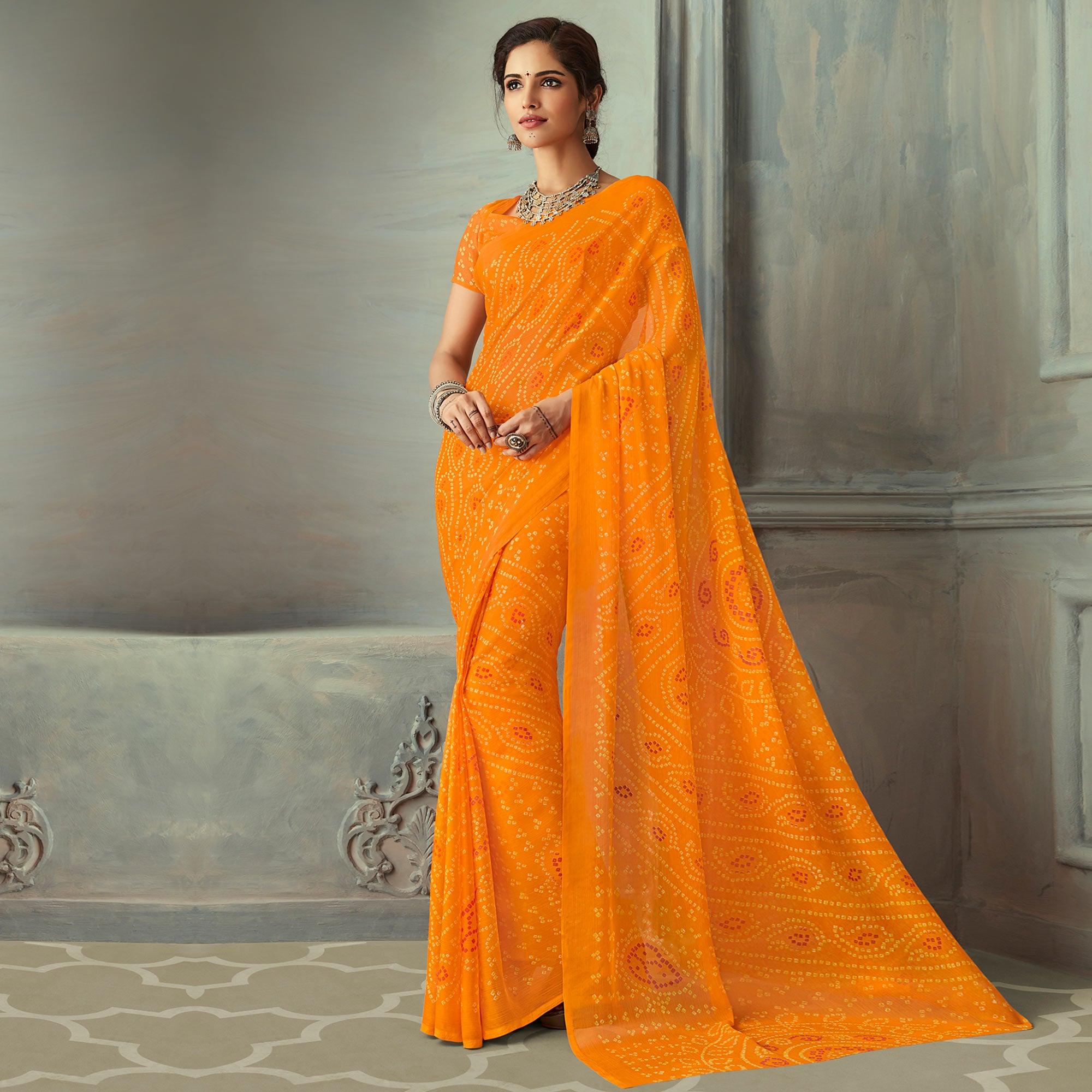 Exotic Yellow Colored Casual Wear Bandhani Printed Chiffon Saree - Peachmode