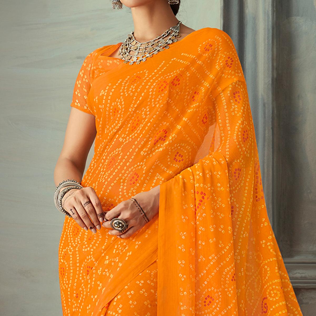 Exotic Yellow Colored Casual Wear Bandhani Printed Chiffon Saree - Peachmode
